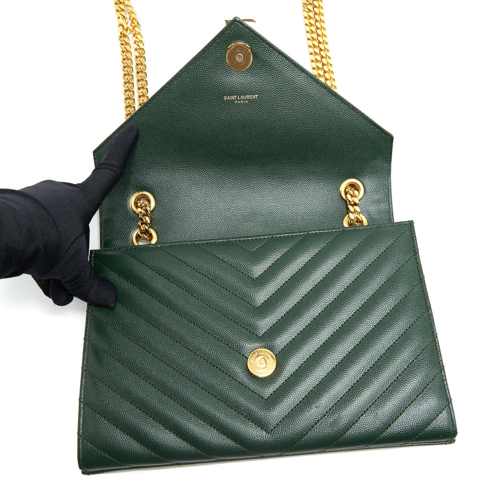 SAINT LAURENT CHEVRON MONOGRAM FLAP BAG DARK GREEN GHW