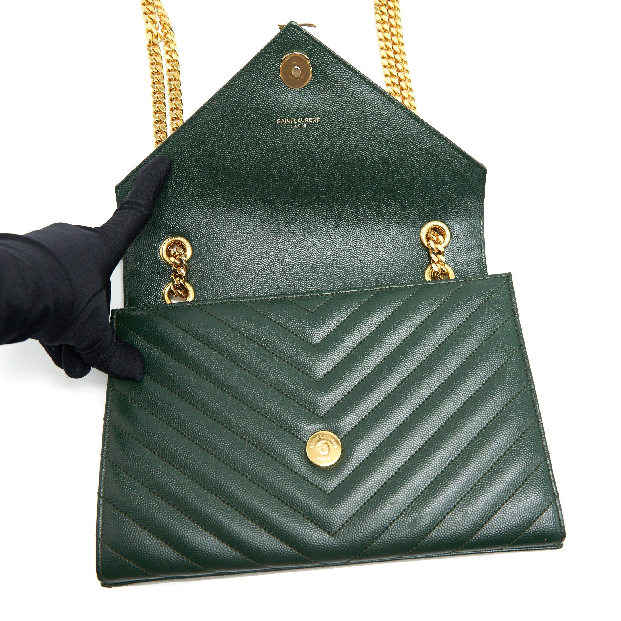 SAINT LAURENT CHEVRON MONOGRAM FLAP BAG DARK GREEN GHW