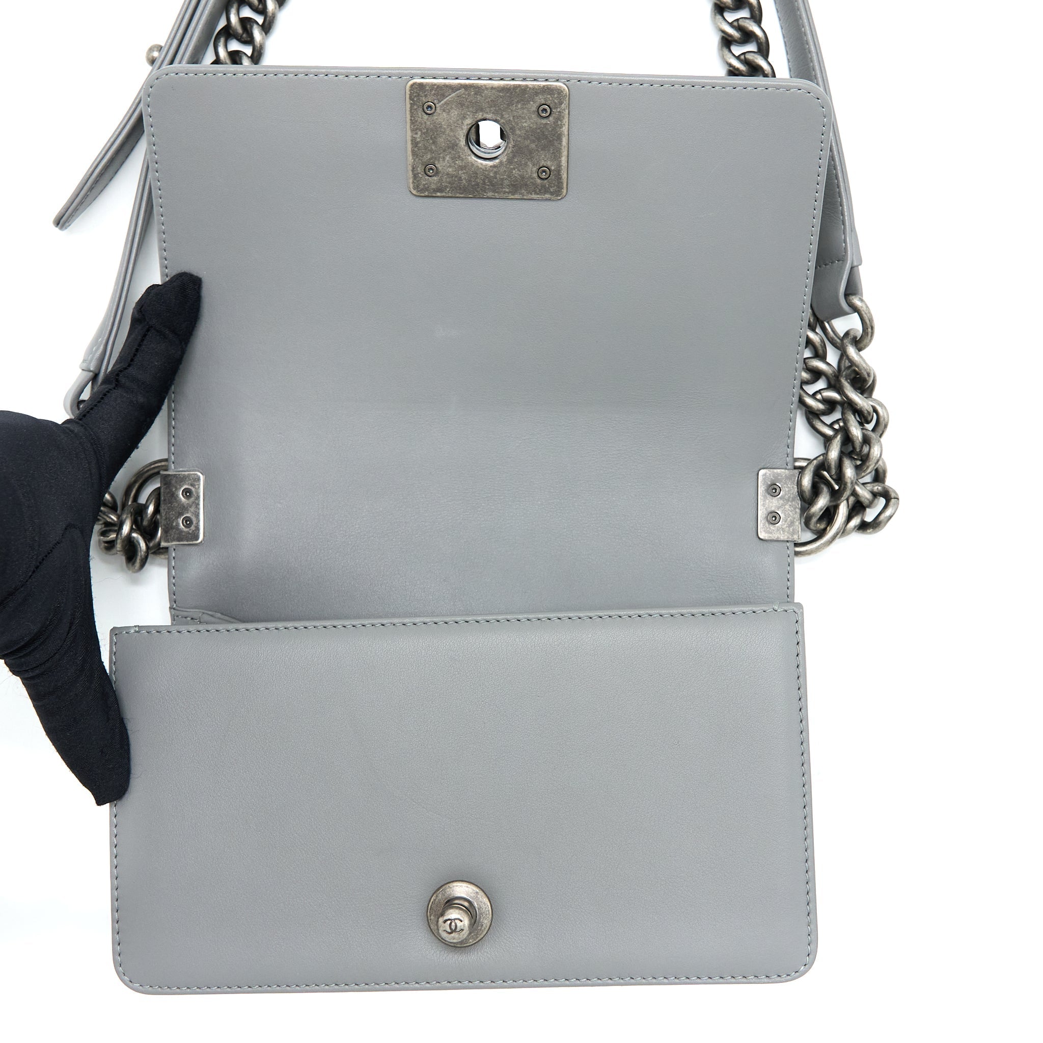 CHANEL SMALL BOY BAG CHEVRON LAMBSKIN GREY RUTHENIUM HARDWARE
