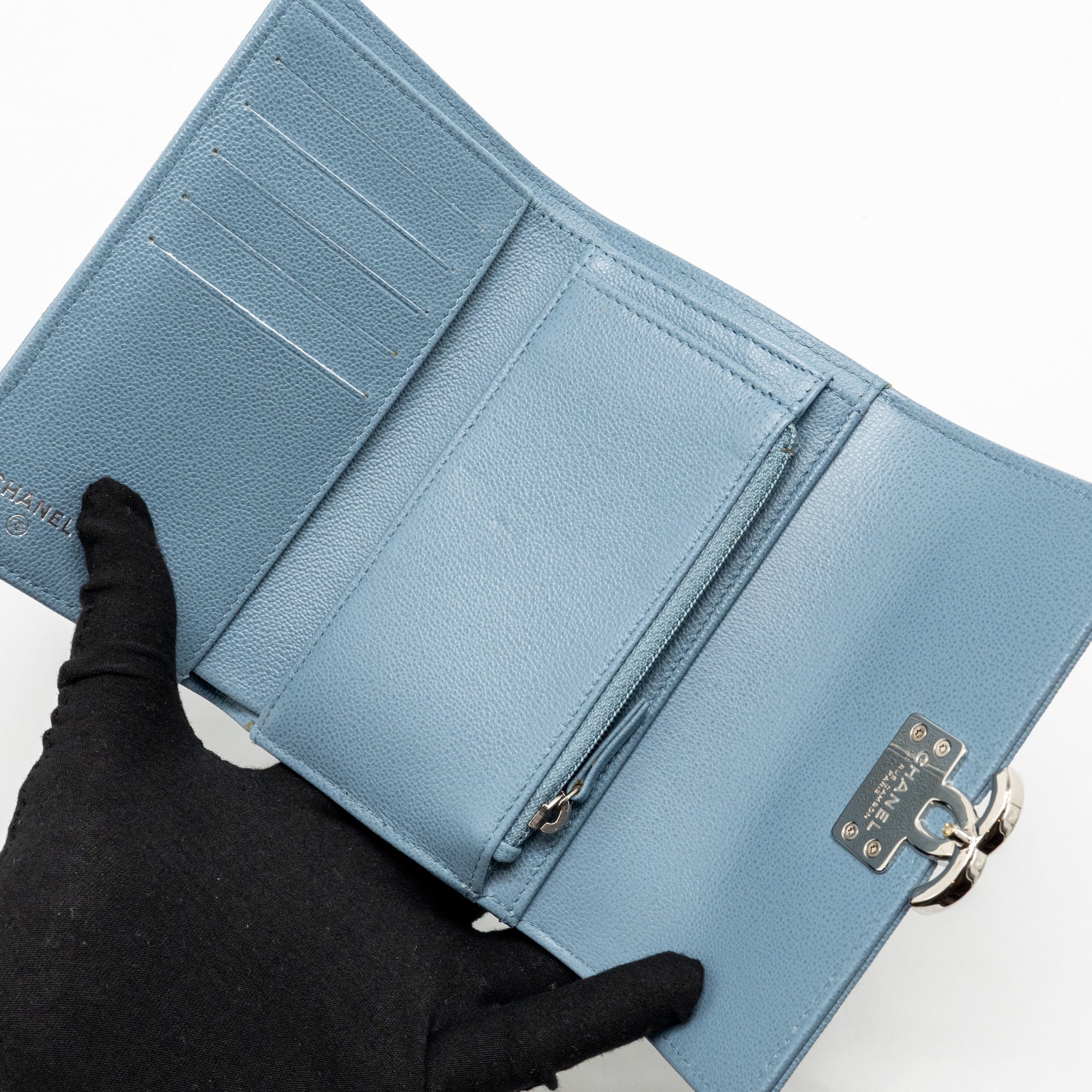 CHANEL QUILTED CC LOGO FLAP WALLET GRAINED CALFSKIN BLUE SHW