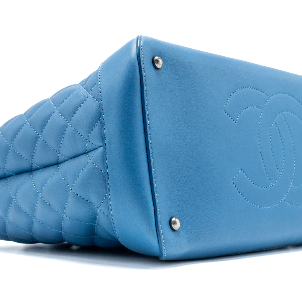 CHANEL TOP HANDLE QUILTED TOTE BAG CALFSKIN BLUE RUTHENIUM HARDWARE