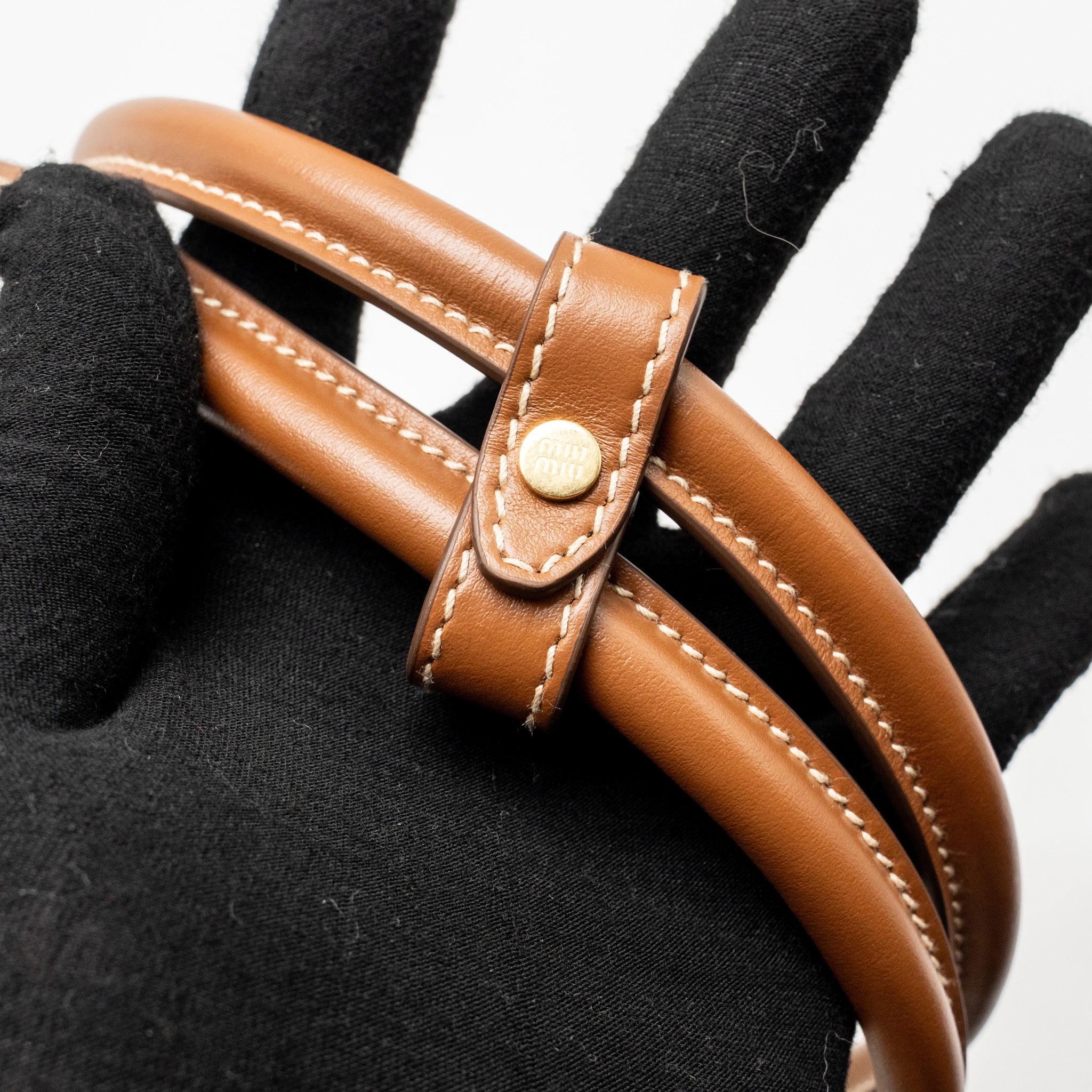 MIU MIU BEAU BAG CANVAS/LEATHER BEIGE/BRANDY GHW