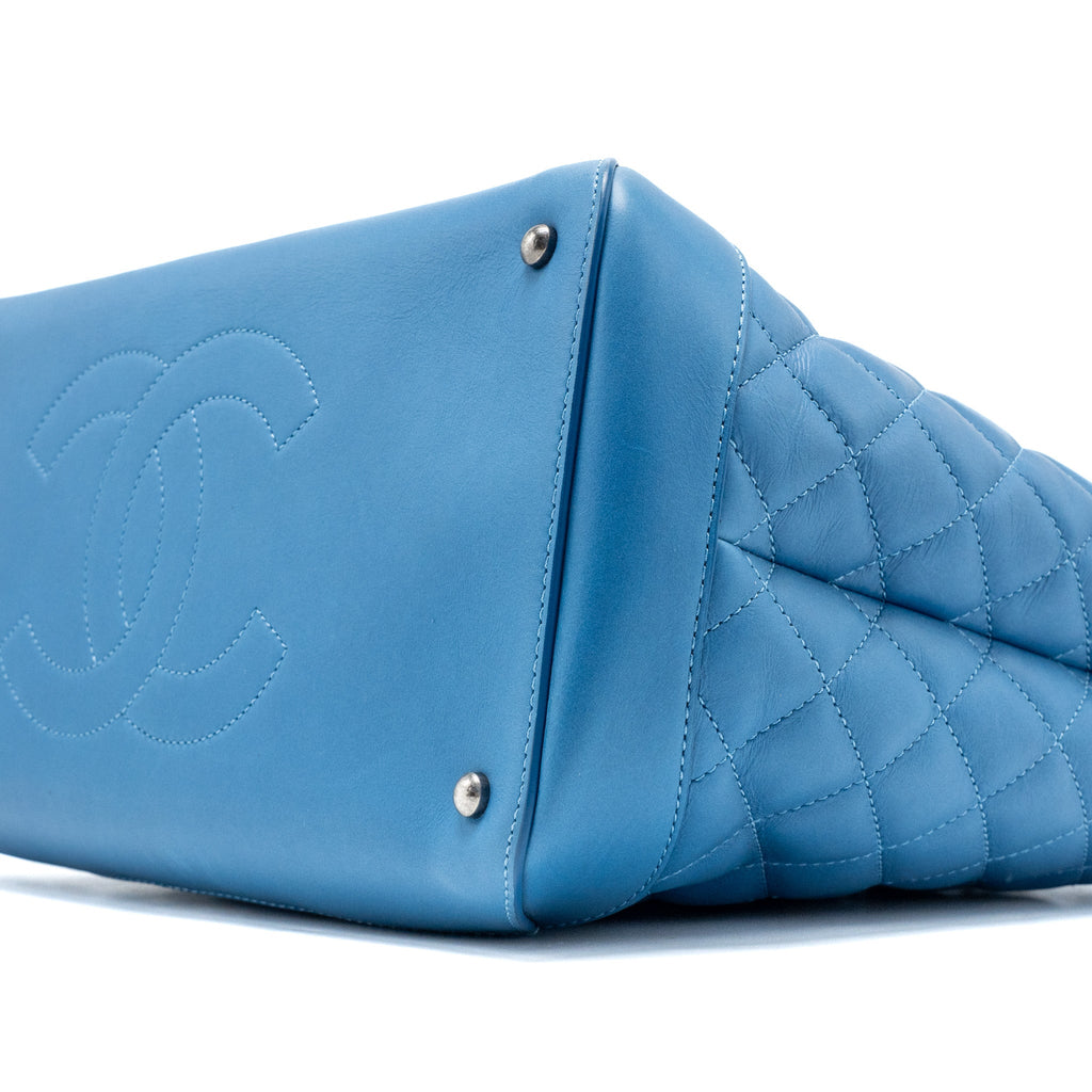 CHANEL TOP HANDLE QUILTED TOTE BAG CALFSKIN BLUE RUTHENIUM HARDWARE
