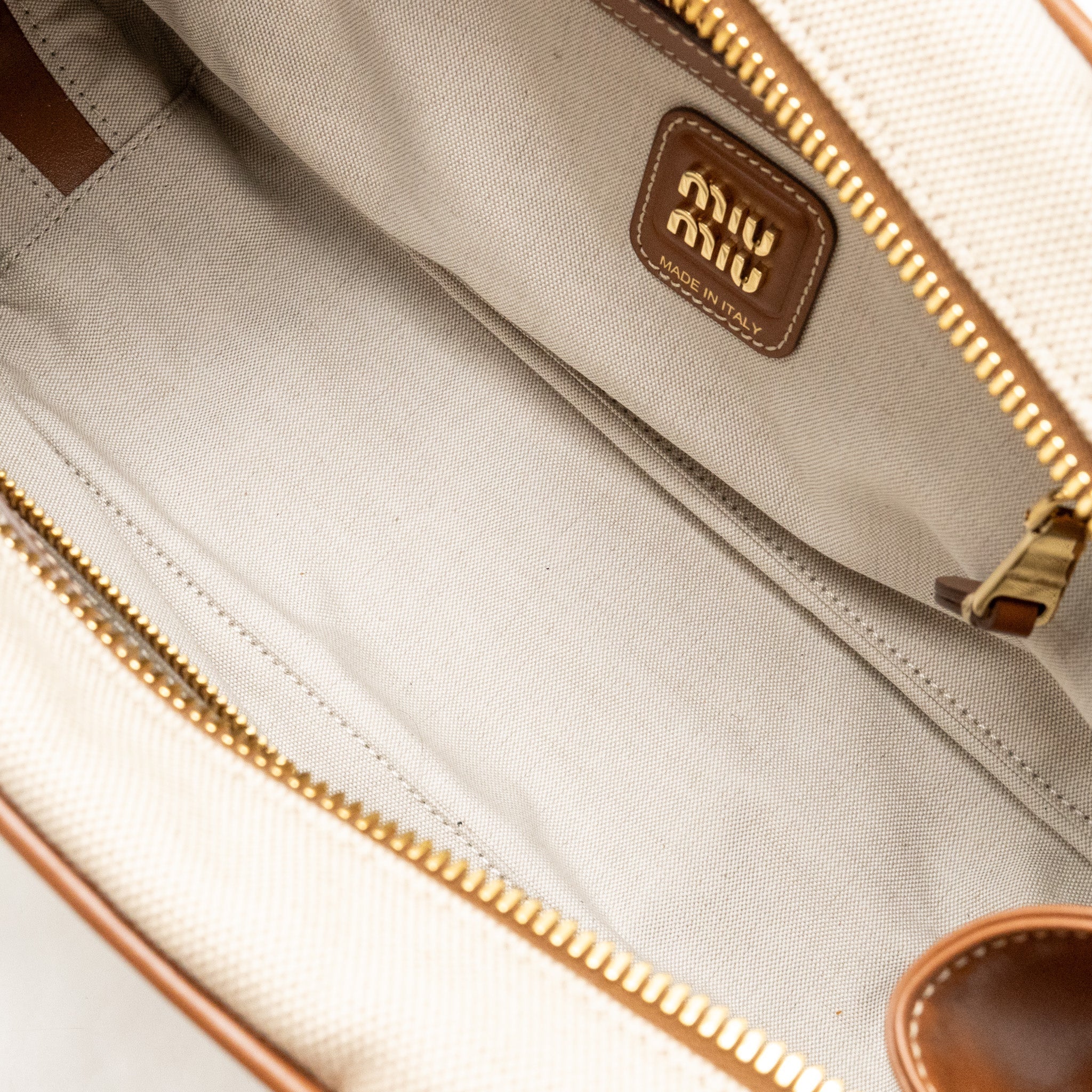 MIU MIU BEAU BAG CANVAS/LEATHER BEIGE/BRANDY GHW