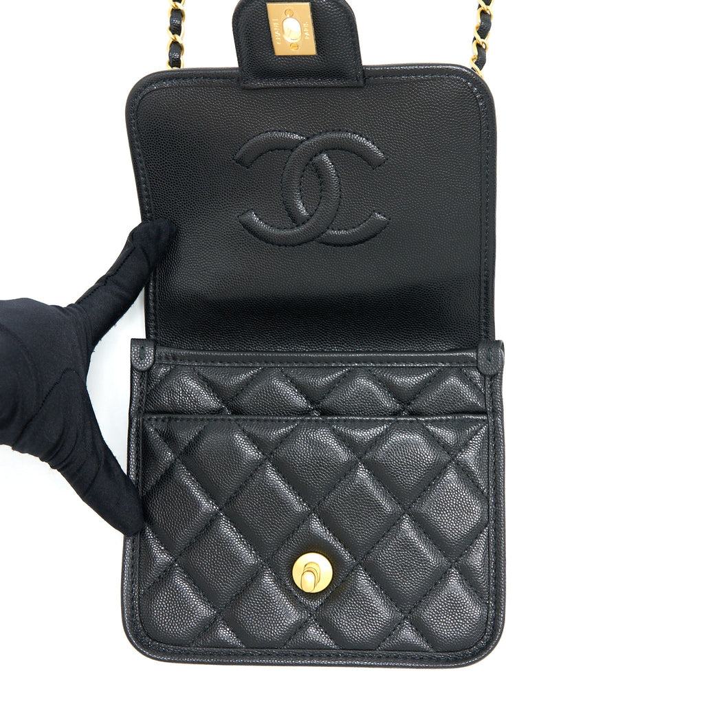 CHANEL 22K TOP HANDLE MESSENGER BAG CAVIAR BLACK BRUSHED GHW(MICROCHIP)