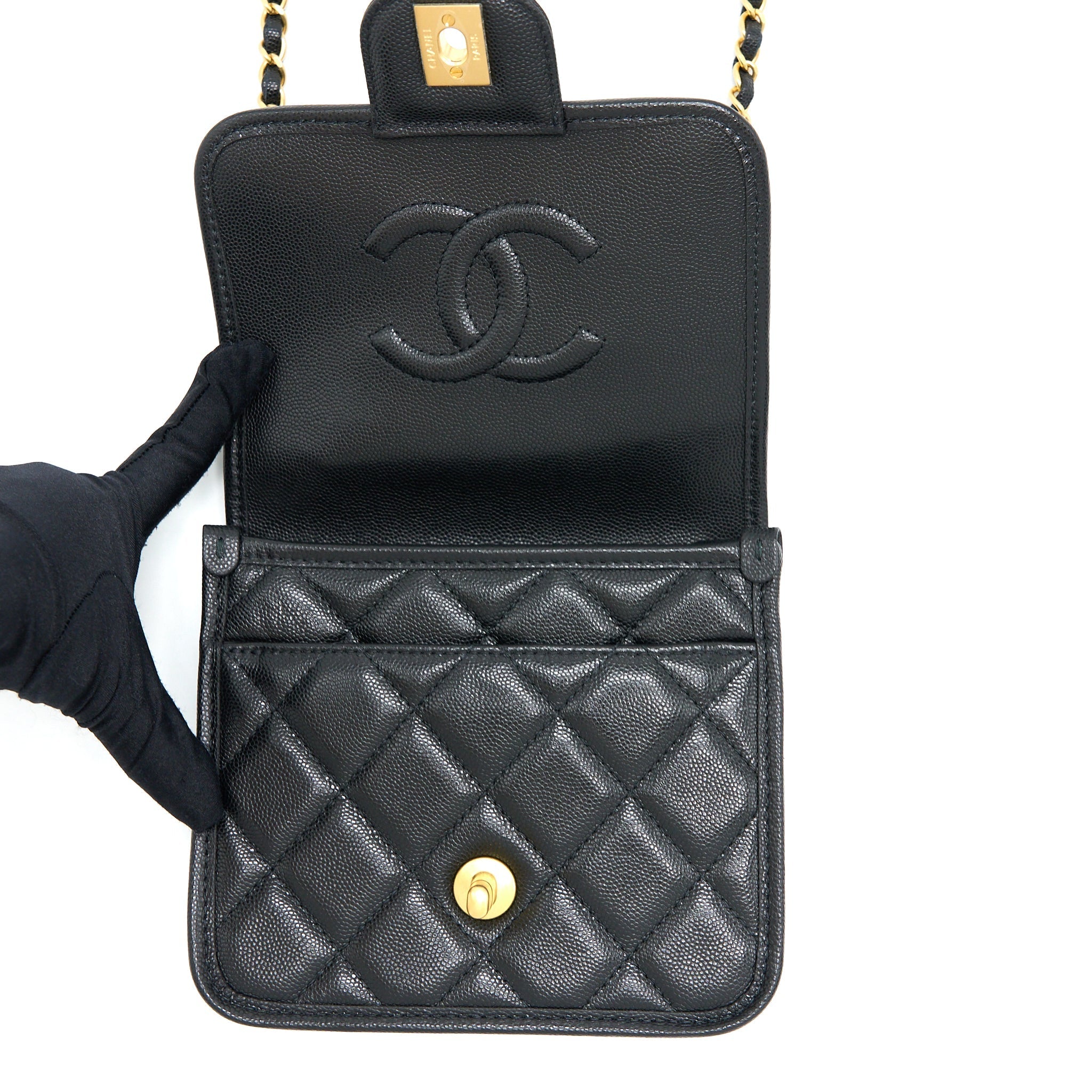 CHANEL 22K TOP HANDLE MESSENGER BAG CAVIAR BLACK BRUSHED GHW(MICROCHIP)