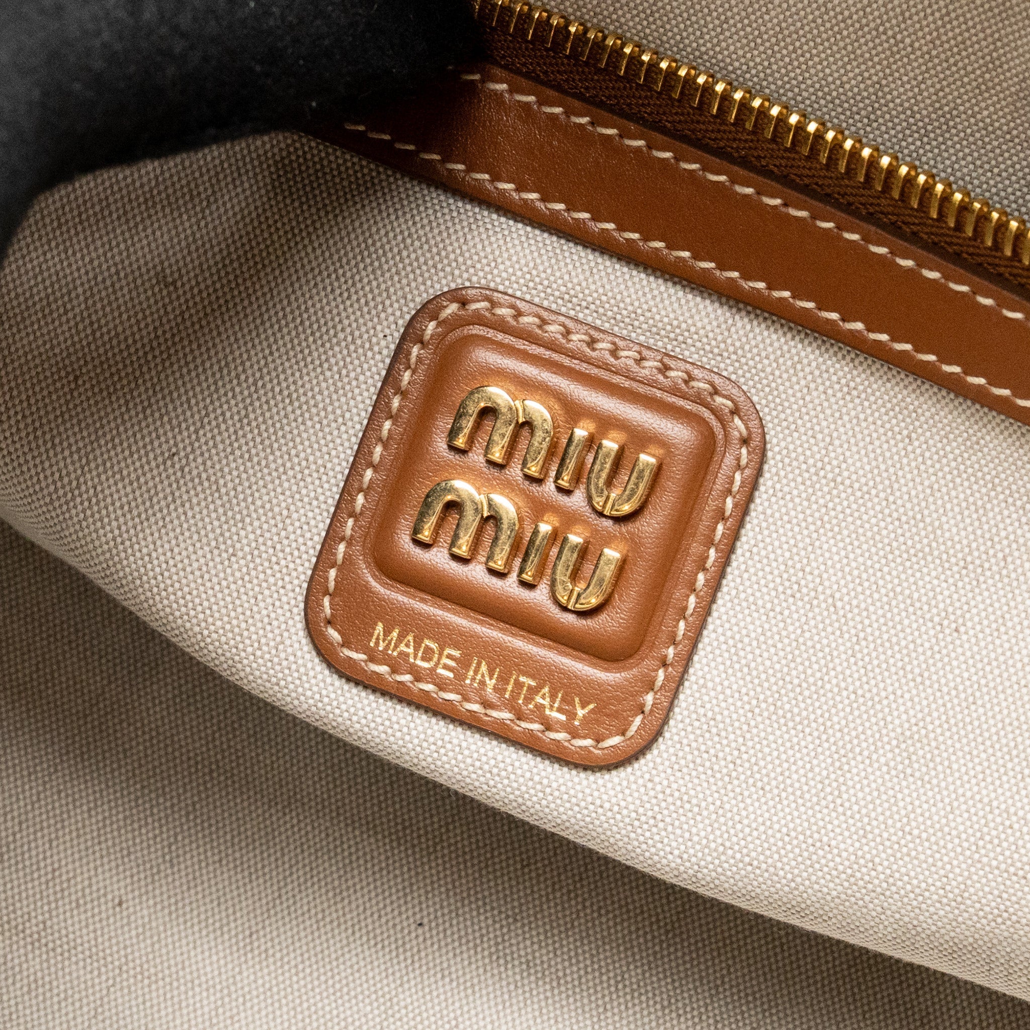 MIU MIU BEAU BAG CANVAS/LEATHER BEIGE/BRANDY GHW