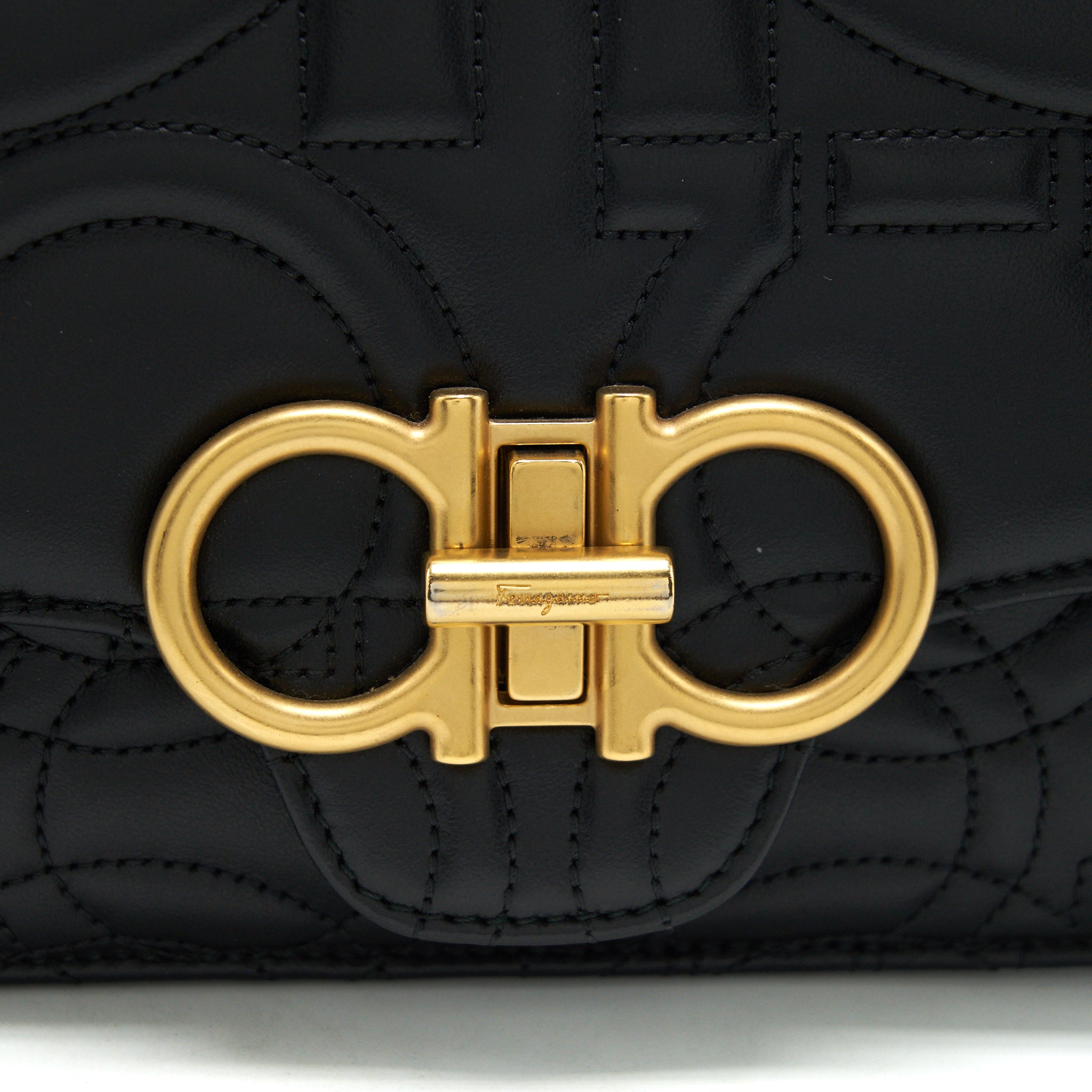 FERRAGAMO QUILTED GANCINI FLAP BAG CALFSKIN BLACK GHW