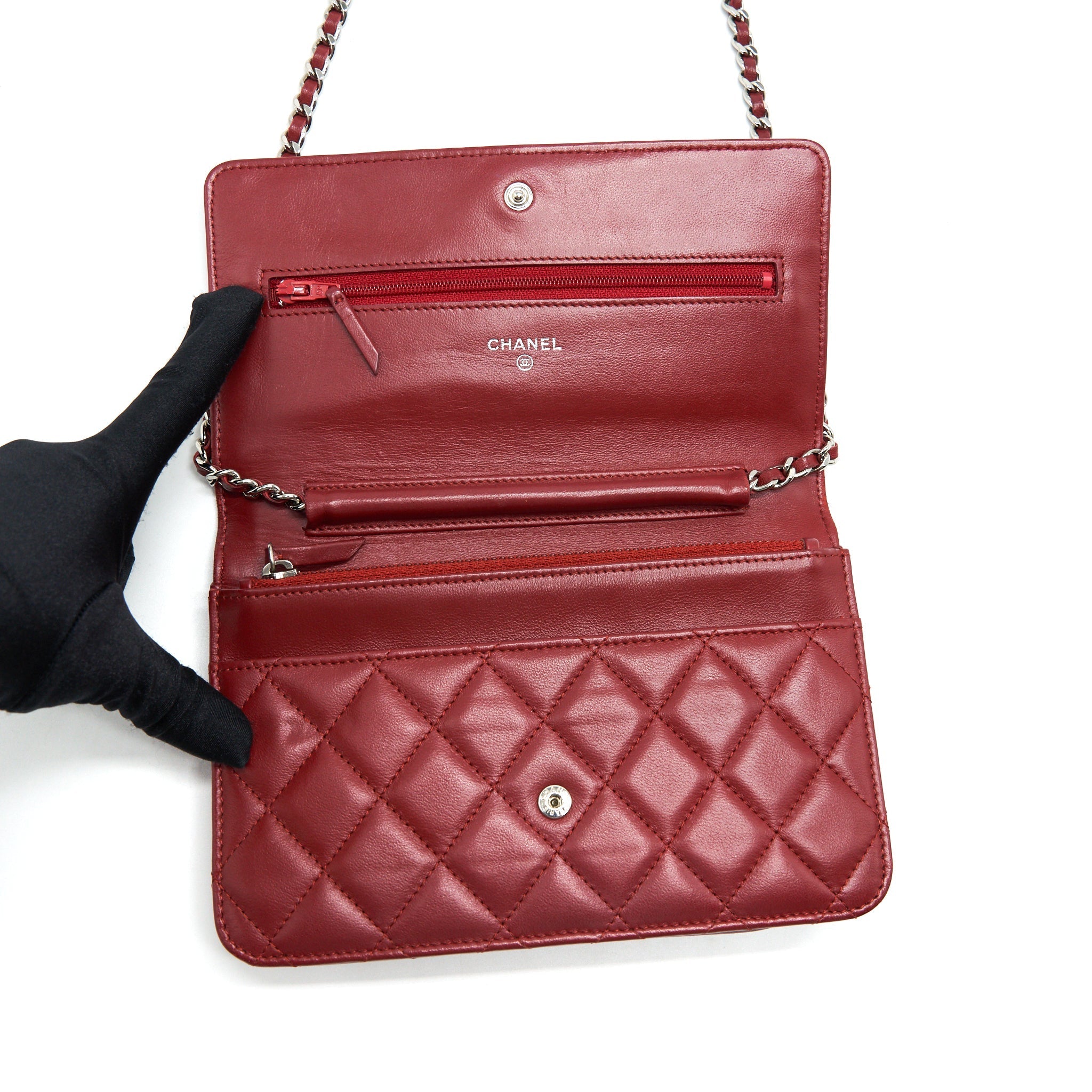 CHANEL CLASSIC WALLET ON CHAIN LAMBSKIN DARK RED SHW