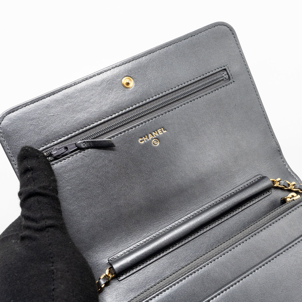 CHANEL 18A MARINIERE WALLET ON CHAIN CALFSKIN CHARCOAL GHW