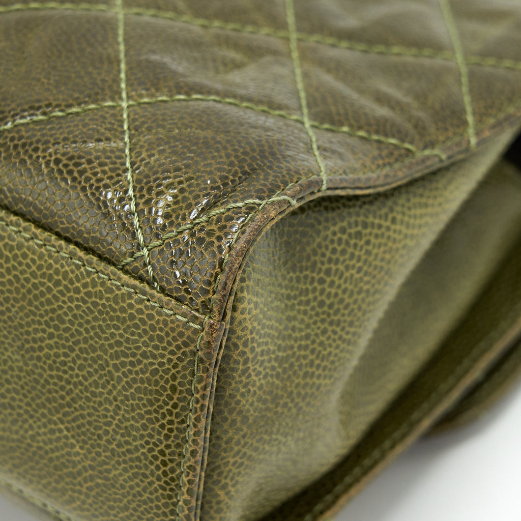 CHANEL QUILTED GRAINED CALFSKIN FLAP BAG OLIVE GREEN RUTHENIUM HARDWARE