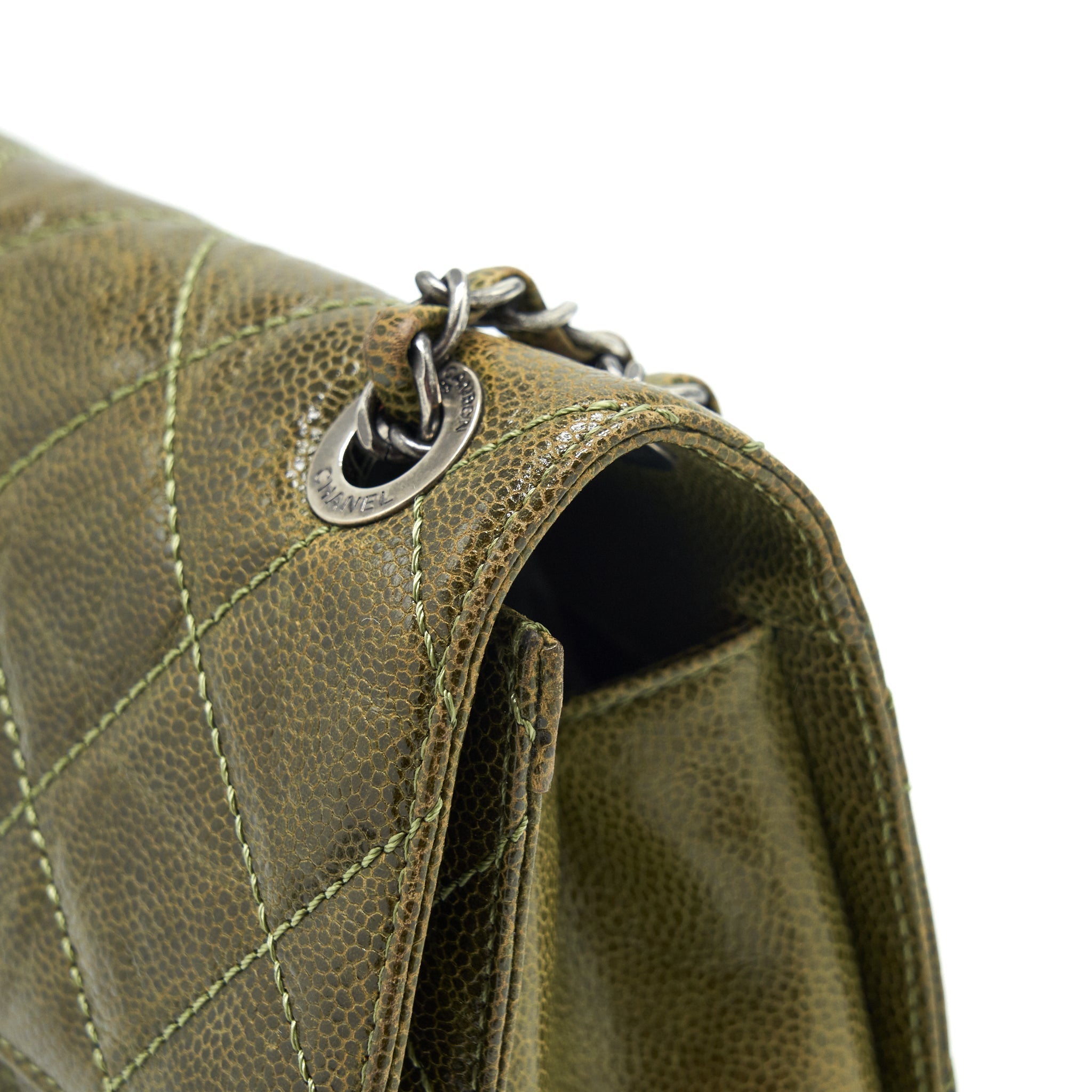 CHANEL QUILTED GRAINED CALFSKIN FLAP BAG OLIVE GREEN RUTHENIUM HARDWARE