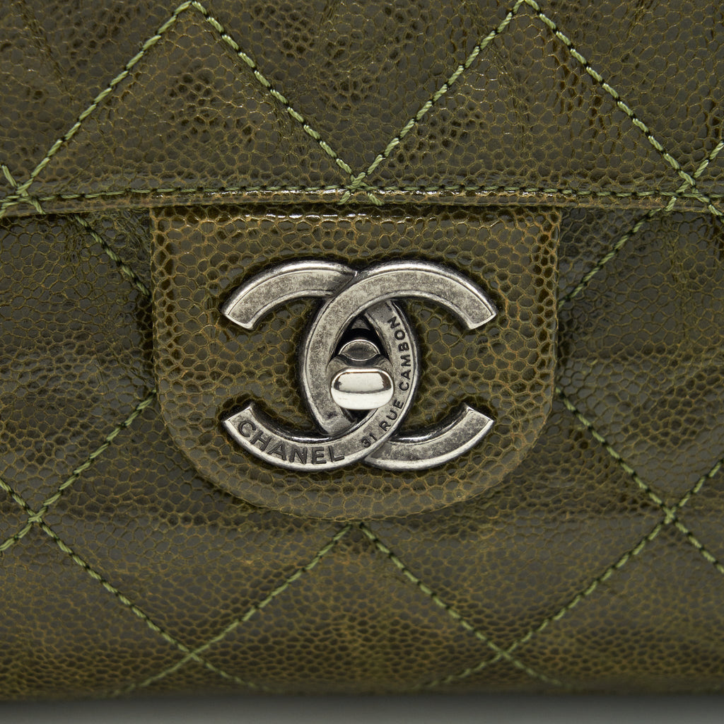 CHANEL QUILTED GRAINED CALFSKIN FLAP BAG OLIVE GREEN RUTHENIUM HARDWARE