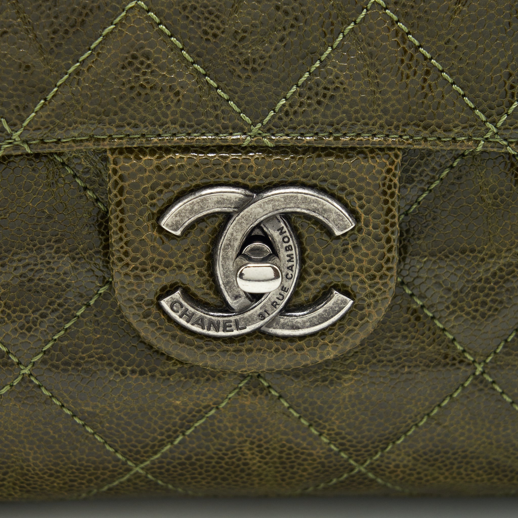 CHANEL QUILTED GRAINED CALFSKIN FLAP BAG OLIVE GREEN RUTHENIUM HARDWARE