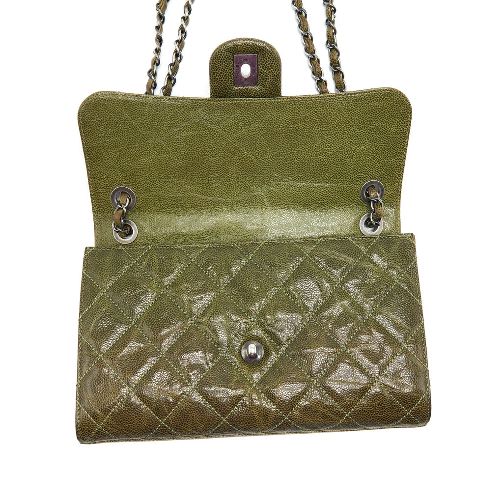 CHANEL QUILTED GRAINED CALFSKIN FLAP BAG OLIVE GREEN RUTHENIUM HARDWARE