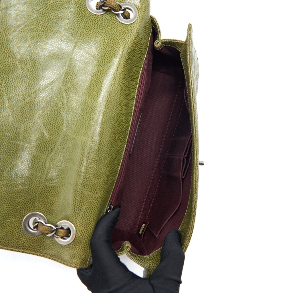 CHANEL QUILTED GRAINED CALFSKIN FLAP BAG OLIVE GREEN RUTHENIUM HARDWARE