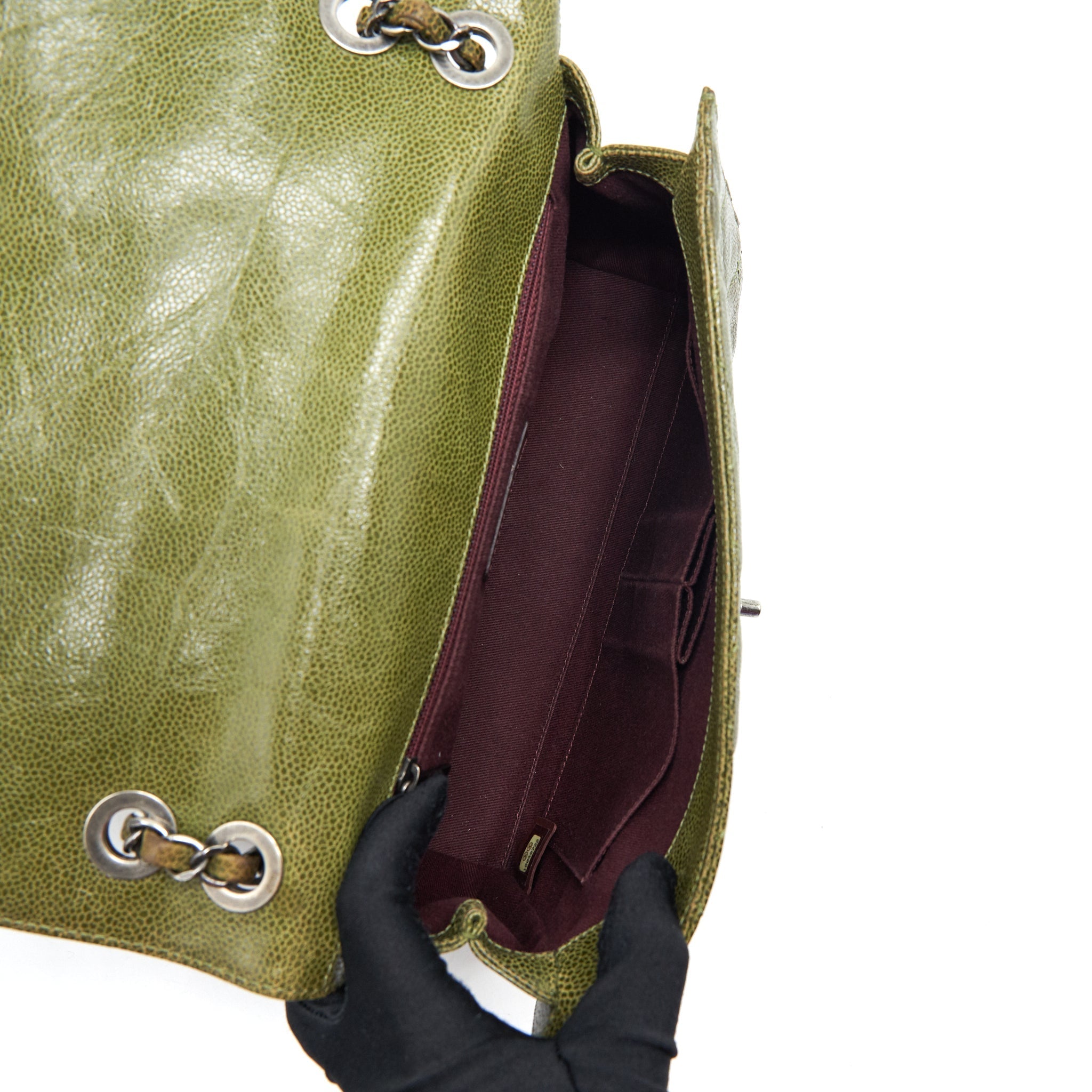 CHANEL QUILTED GRAINED CALFSKIN FLAP BAG OLIVE GREEN RUTHENIUM HARDWARE