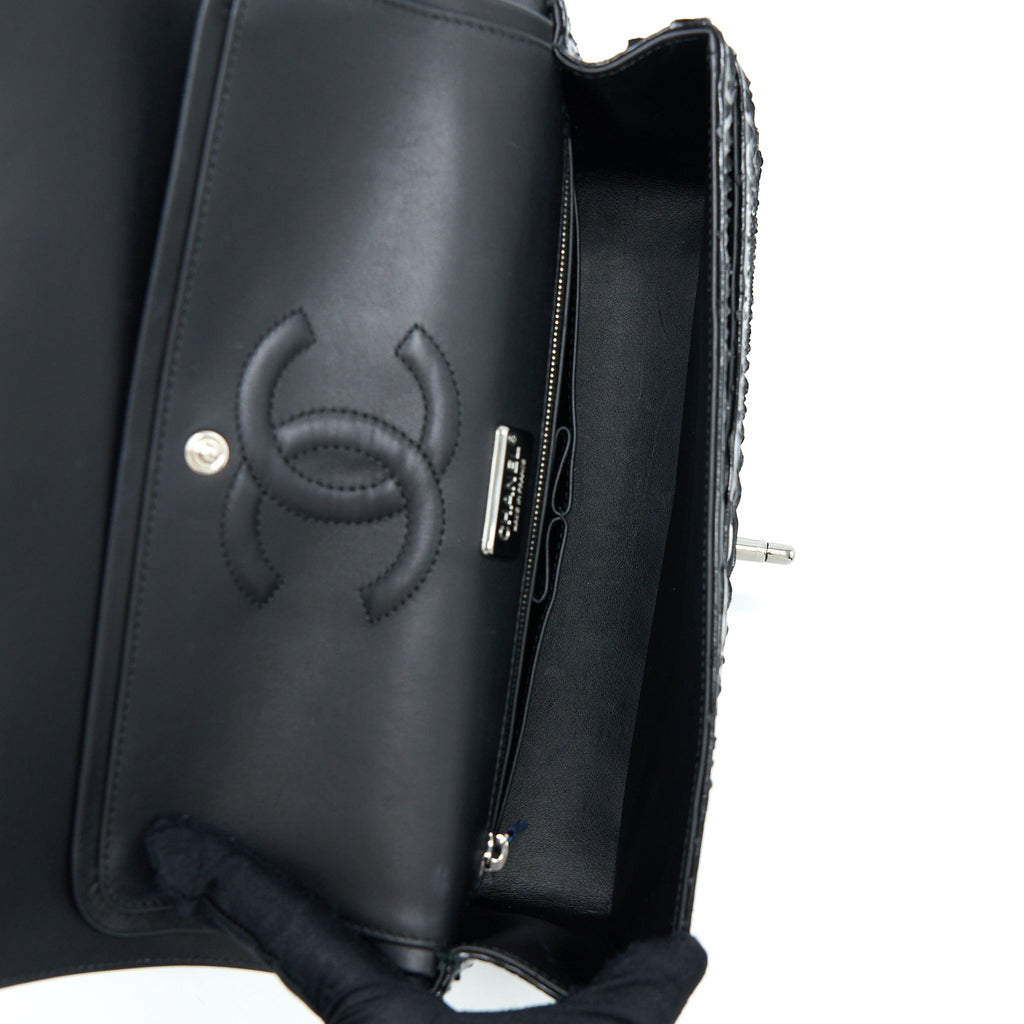CHANEL MEDIUM CLASSIC DOUBLE FLAP BAG PYTHON BLACK SHW