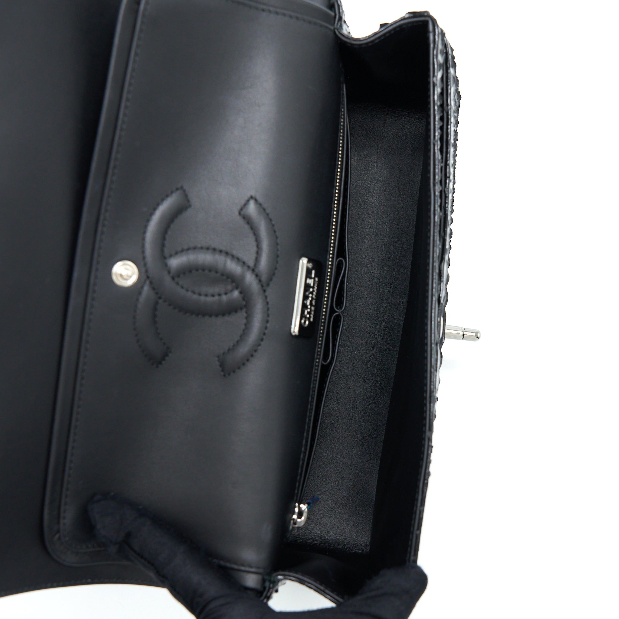 CHANEL MEDIUM CLASSIC DOUBLE FLAP BAG PYTHON BLACK SHW
