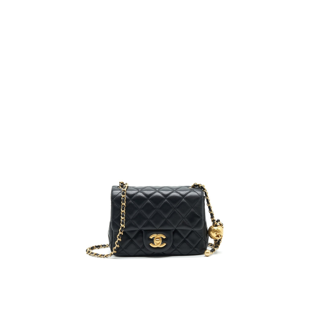 CHANEL 22C PEARL CRUSH MINI SQUARE FLAP BAG BLACK LAMBSKIN GHW (MICROCHIP)