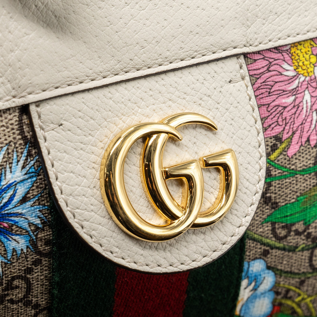 GUCCI OPHIDIA GG LEATHER TRIMMED FLORA PRINTED COATED CANVAS TOTE MULITCOLOUR GHW