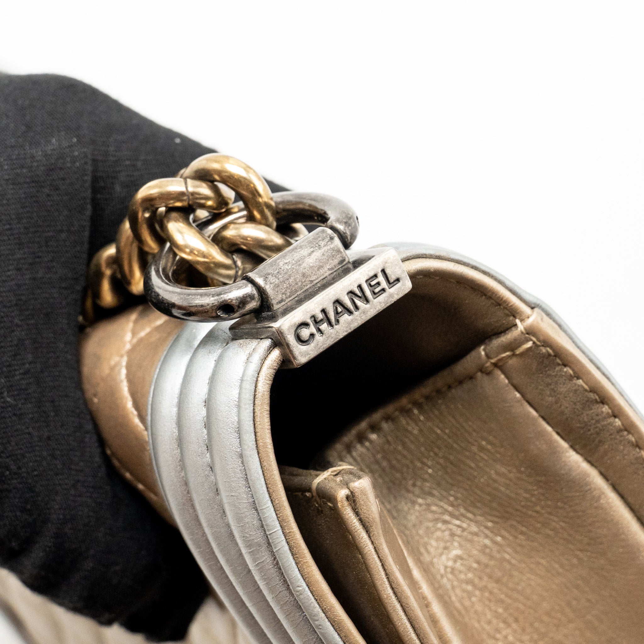 CHANEL MEDIUM BOY BAG METALLIZED CALFSKIN BRONZE/SILVER MULTICOLOURED HARDWARE