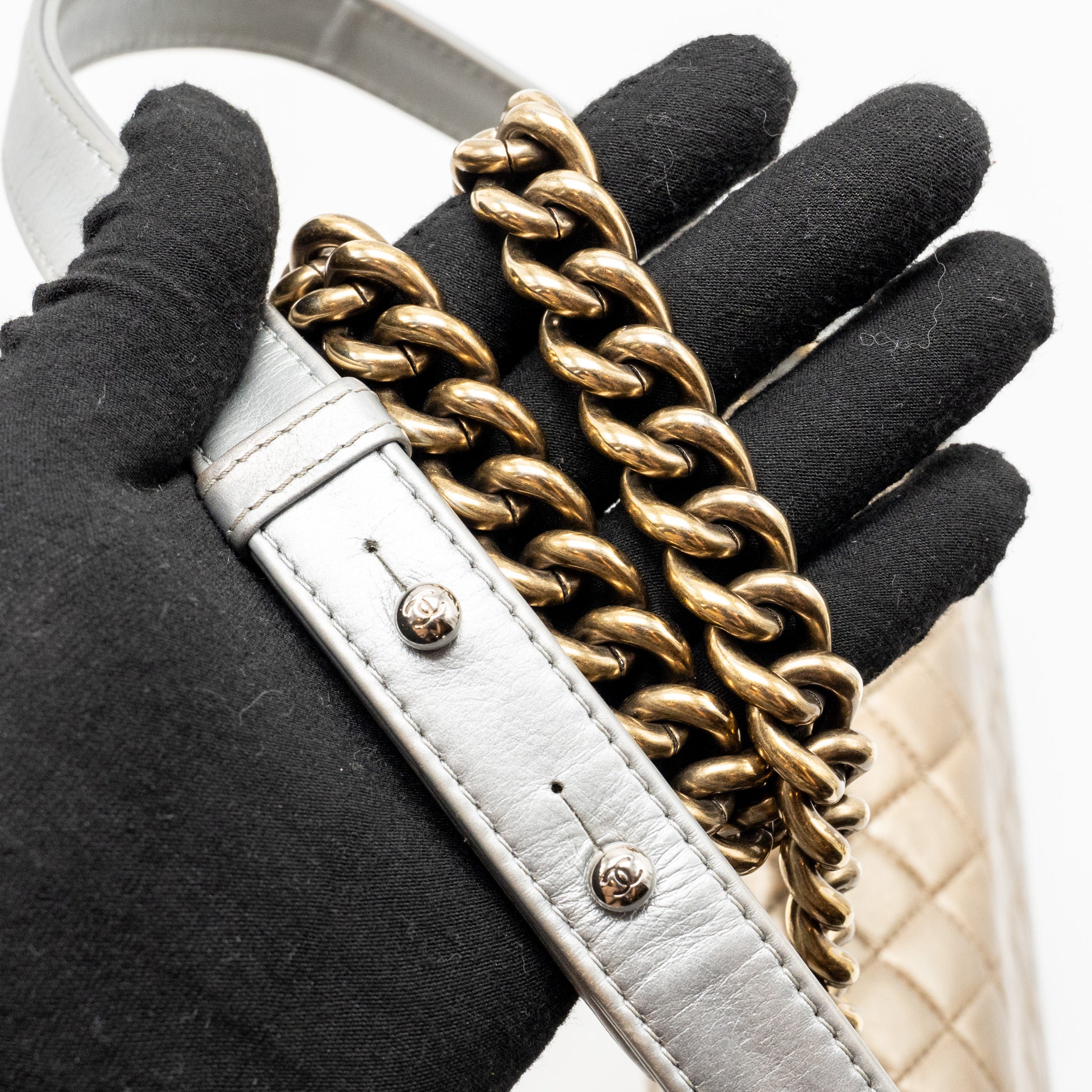 CHANEL MEDIUM BOY BAG METALLIZED CALFSKIN BRONZE/SILVER MULTICOLOURED HARDWARE