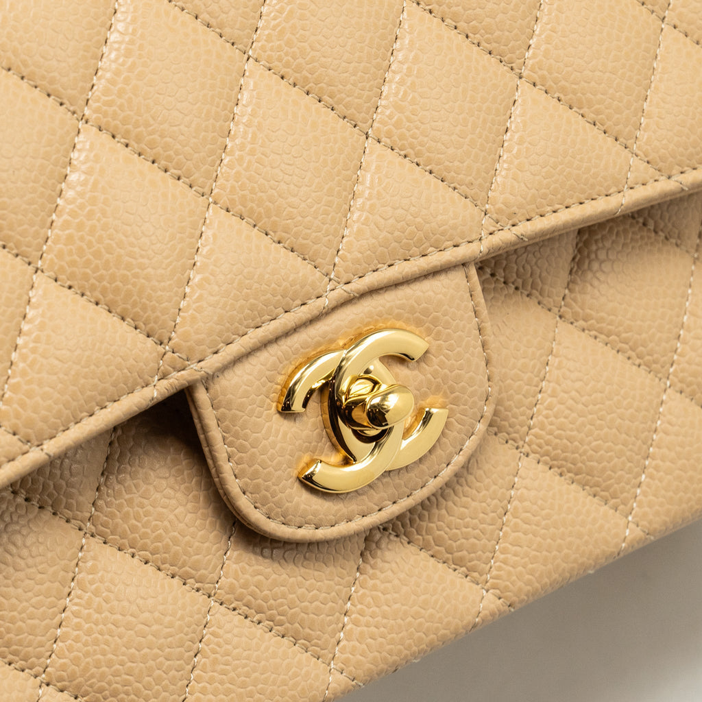 CHANEL MEDIUM CLASSIC DOUBLE FLAP BAG CAVIAR BEIGE GHW (MICROCHIP)