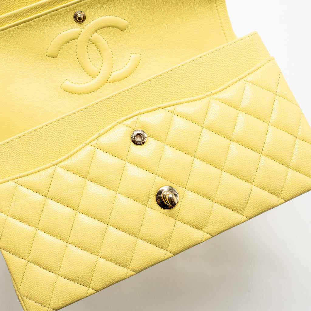 CHANEL MEDIUM CLASSIC DOUBLE FLAP BAG CAVIAR LIGHT YELLOW LGHW