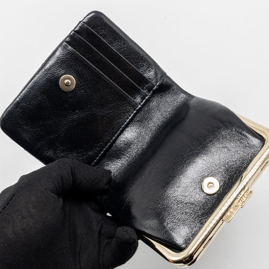 CHANEL QUILTED MINI CLIP PURSE WITH CHAIN AGED CALFSKIN BLACK LGHW (MICROCHIP)