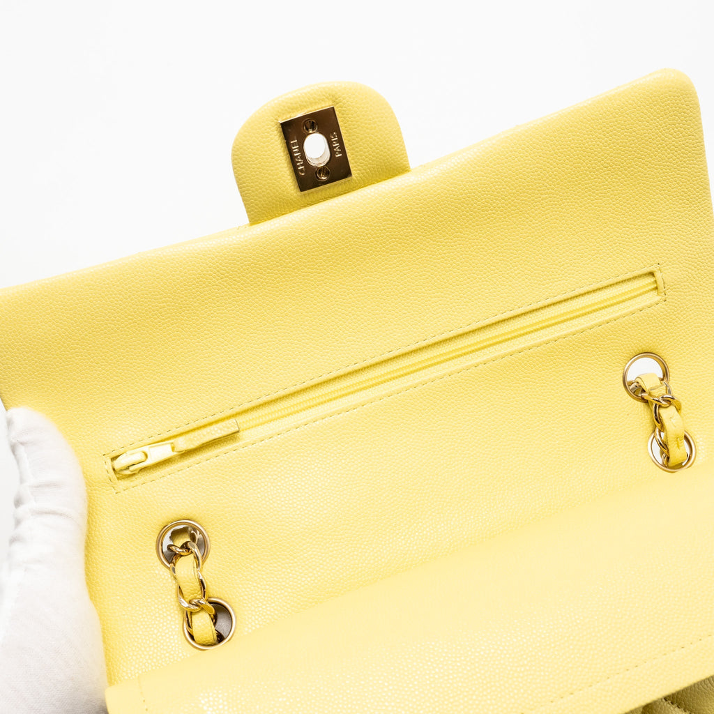 CHANEL MEDIUM CLASSIC DOUBLE FLAP BAG CAVIAR LIGHT YELLOW LGHW