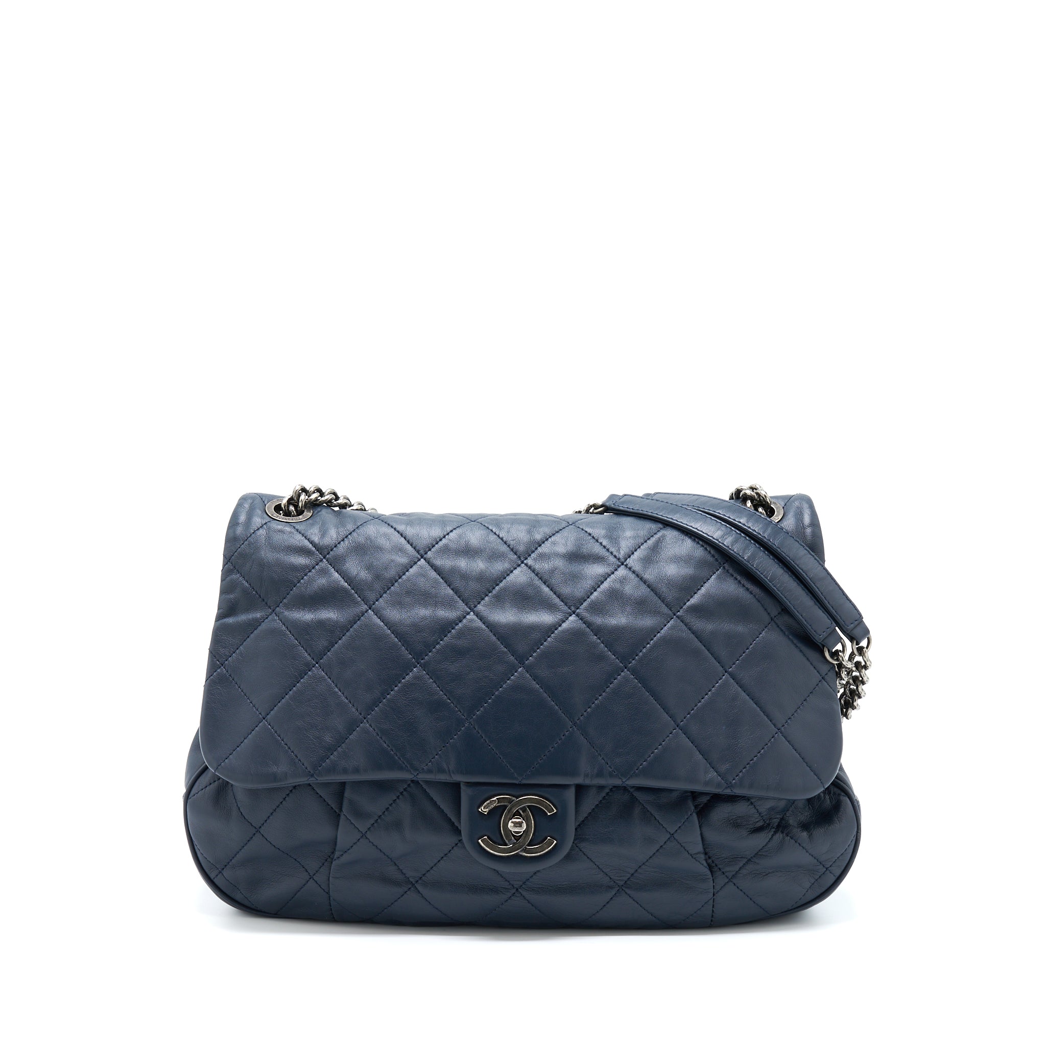 CHANEL FLAP HOBO BAG CALFSKIN NAVY WITH RUTHENIUM SLIVER HARDWARE