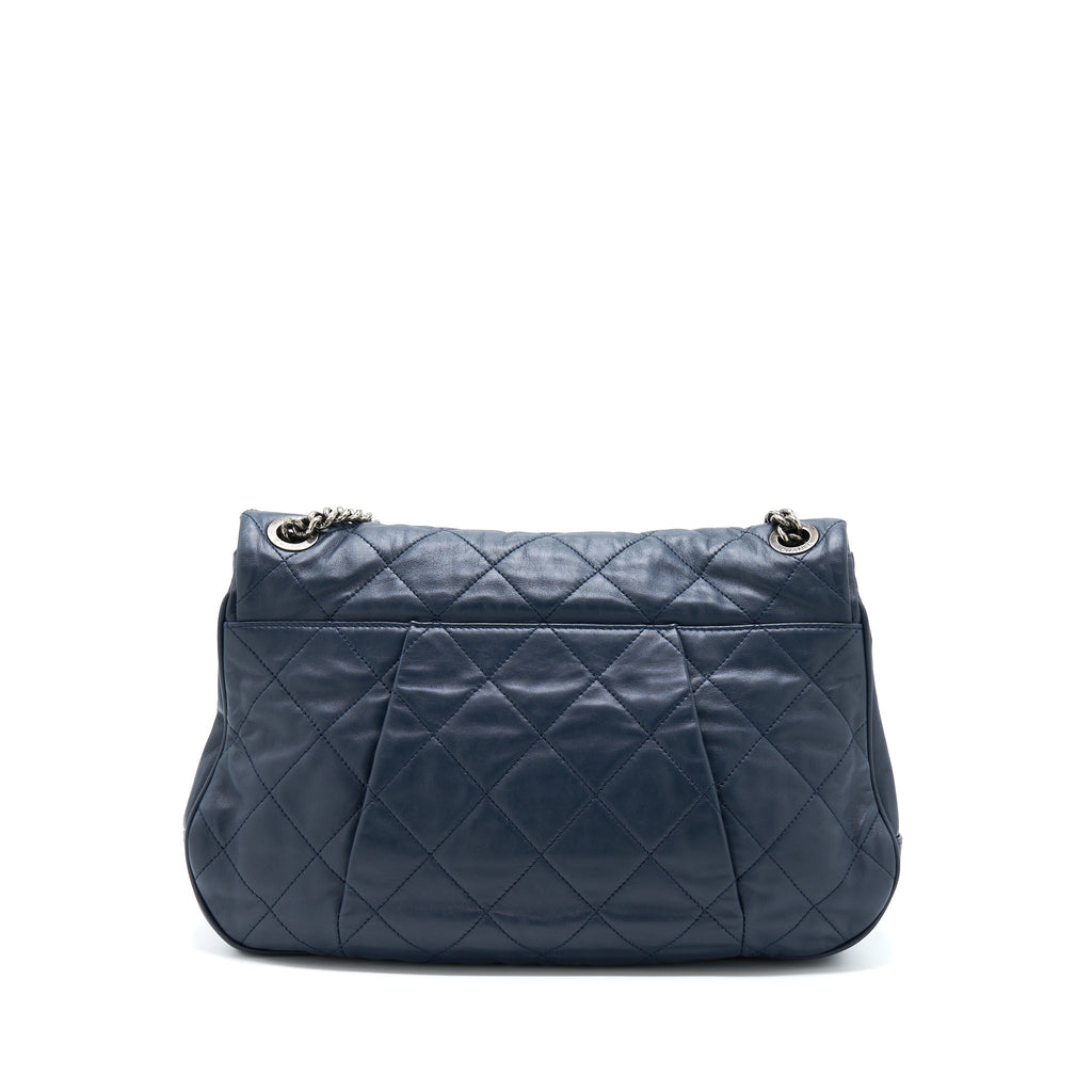 CHANEL FLAP HOBO BAG CALFSKIN NAVY WITH RUTHENIUM SLIVER HARDWARE