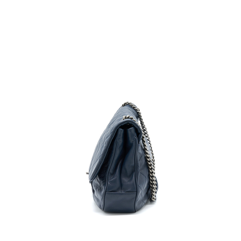 CHANEL FLAP HOBO BAG CALFSKIN NAVY WITH RUTHENIUM SLIVER HARDWARE