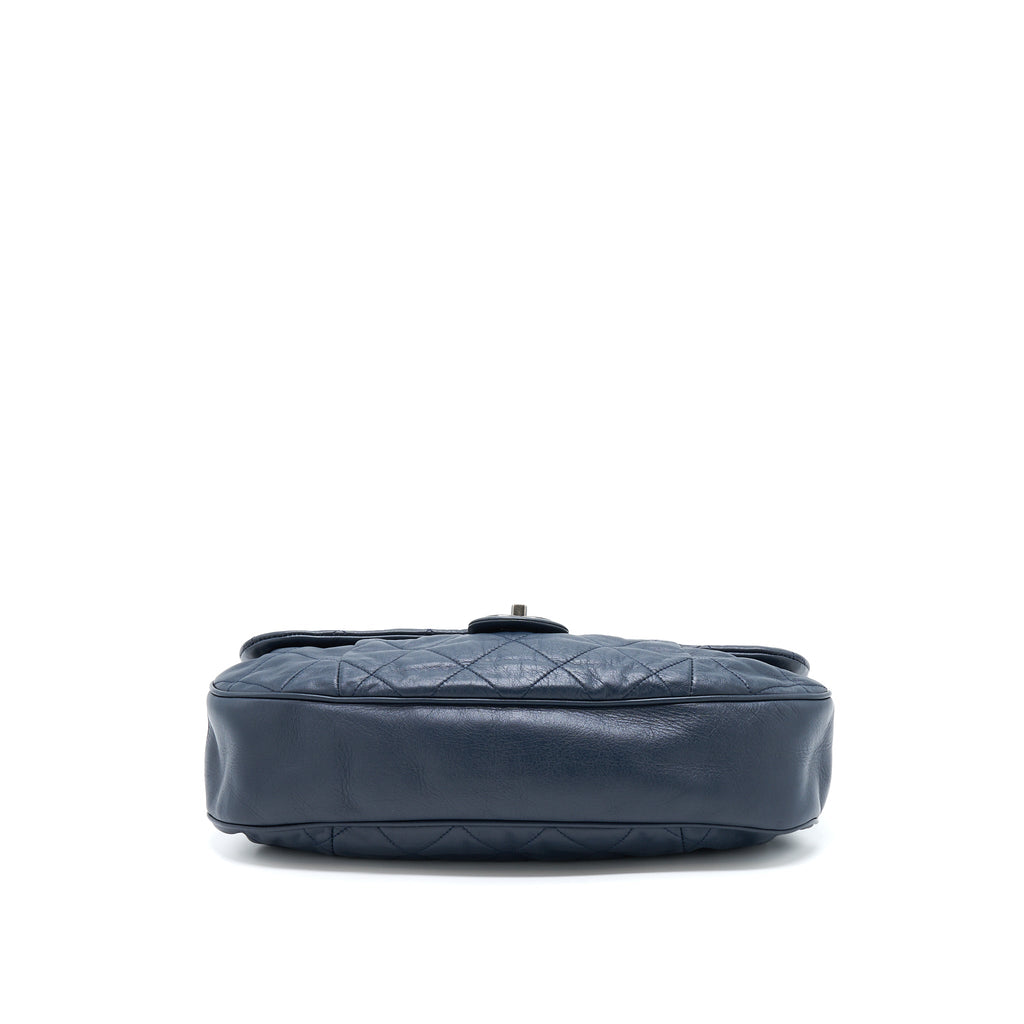 CHANEL FLAP HOBO BAG CALFSKIN NAVY WITH RUTHENIUM SLIVER HARDWARE