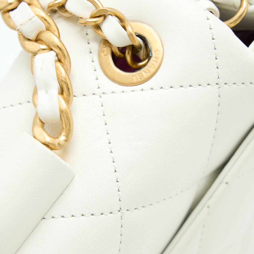CHANEL CIRCULAR HANDLE QUILTED FLAP BAG LAMBSKIN WHITE BRUSHED GHW