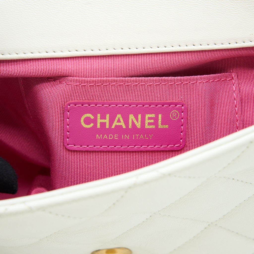 CHANEL CIRCULAR HANDLE QUILTED FLAP BAG LAMBSKIN WHITE BRUSHED GHW
