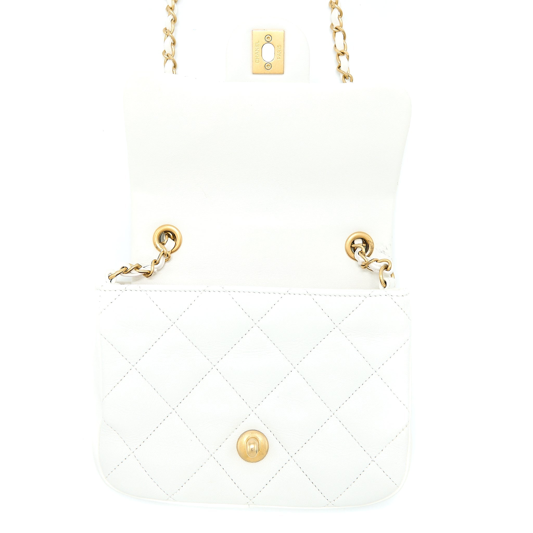 CHANEL CIRCULAR HANDLE QUILTED FLAP BAG LAMBSKIN WHITE BRUSHED GHW
