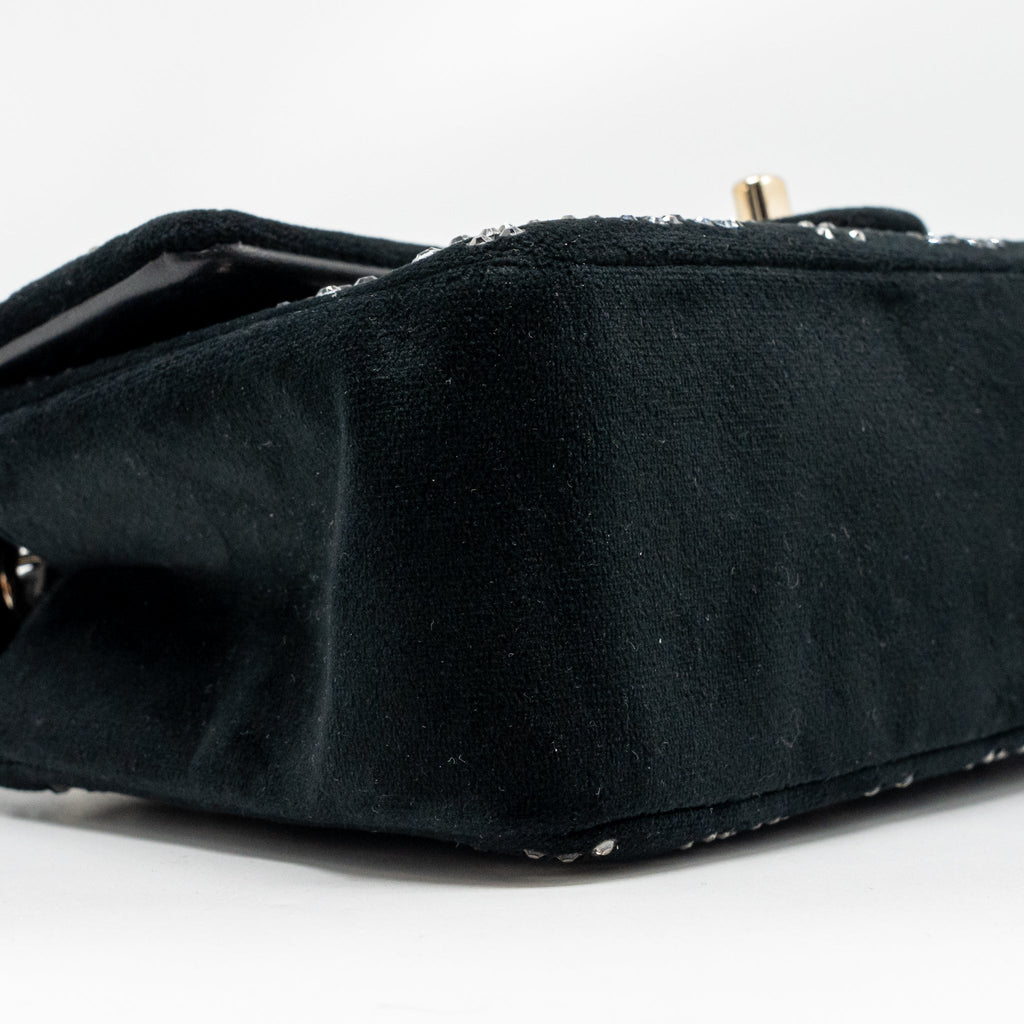 CHANEL MINI RECTANGULAR FLAP BAG VELVET WITH CRYSTAL BLACK LGHW