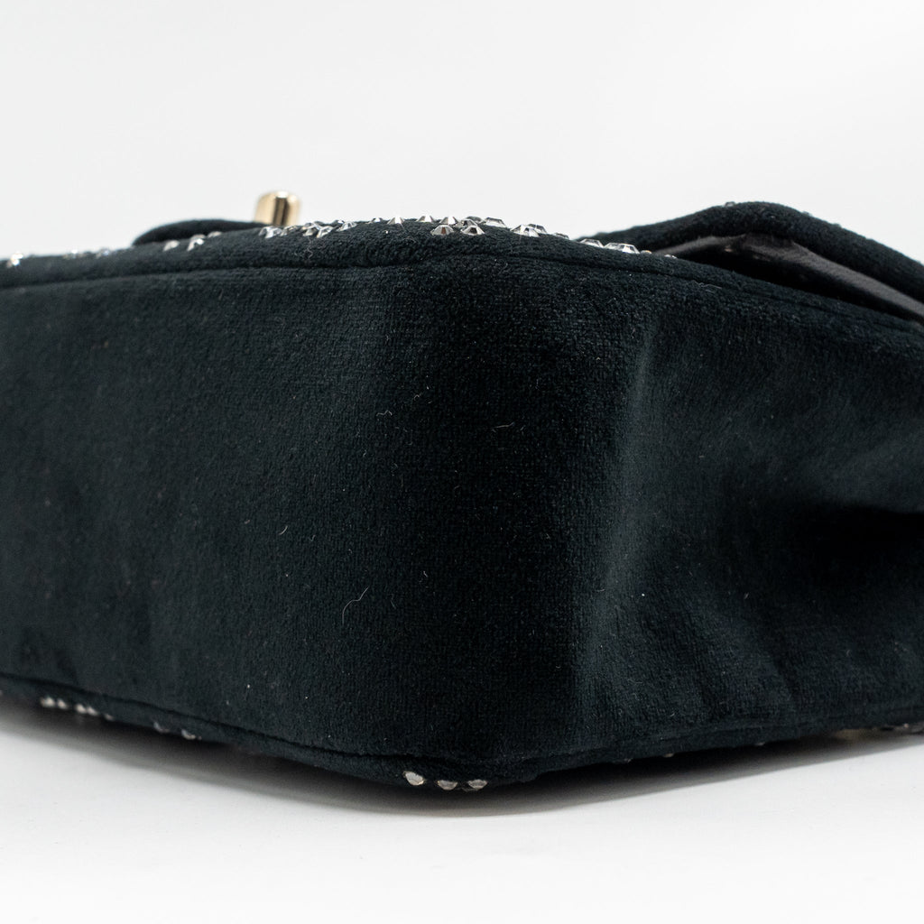 CHANEL MINI RECTANGULAR FLAP BAG VELVET WITH CRYSTAL BLACK LGHW