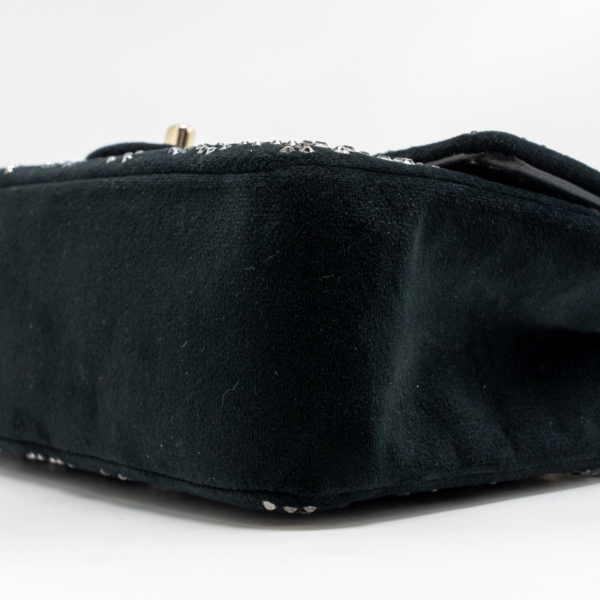 CHANEL MINI RECTANGULAR FLAP BAG VELVET WITH CRYSTAL BLACK LGHW