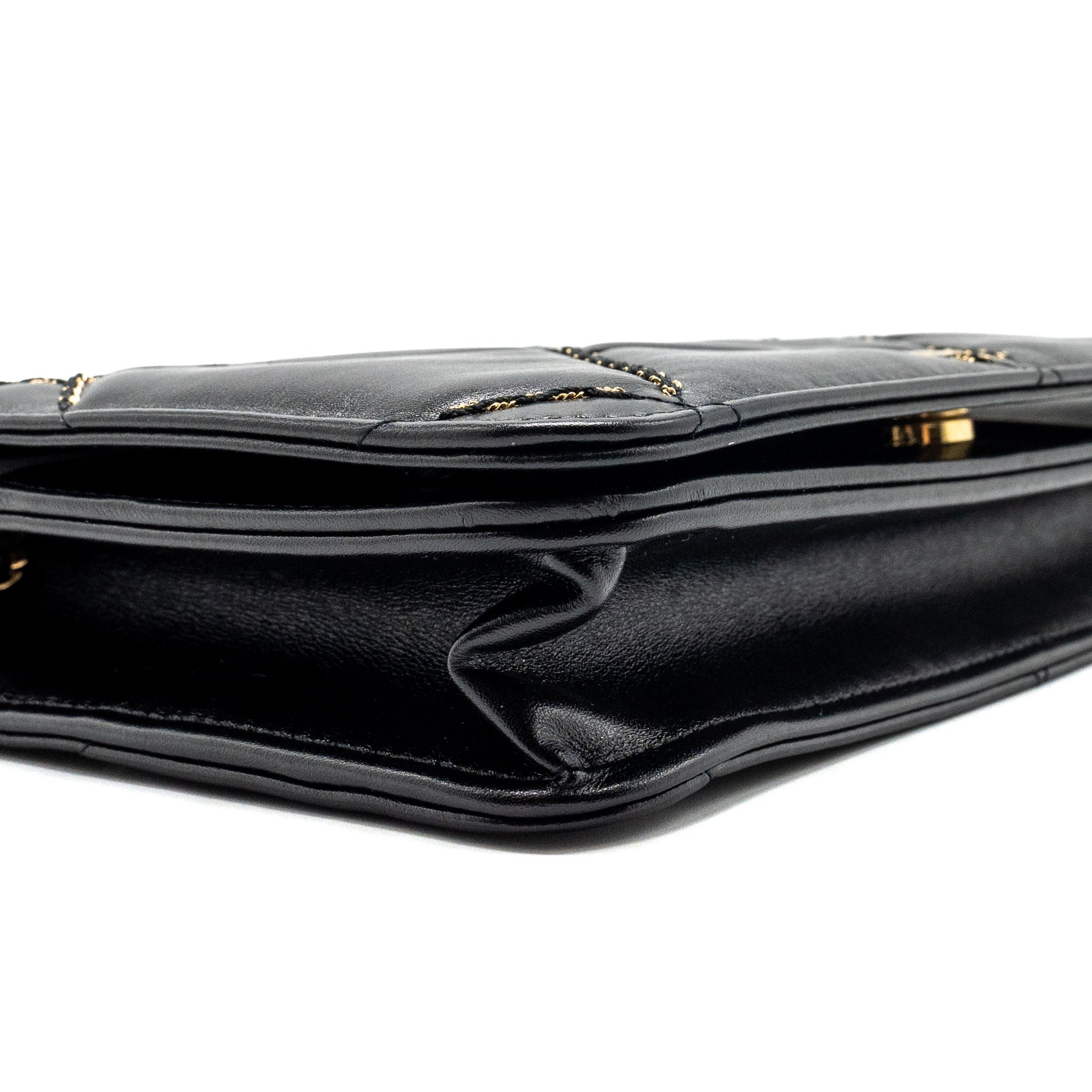 CHANEL QUILTED WALLET ON CHAIN SHINY CALFSKIN BLACK GHW (MICROCHIP)