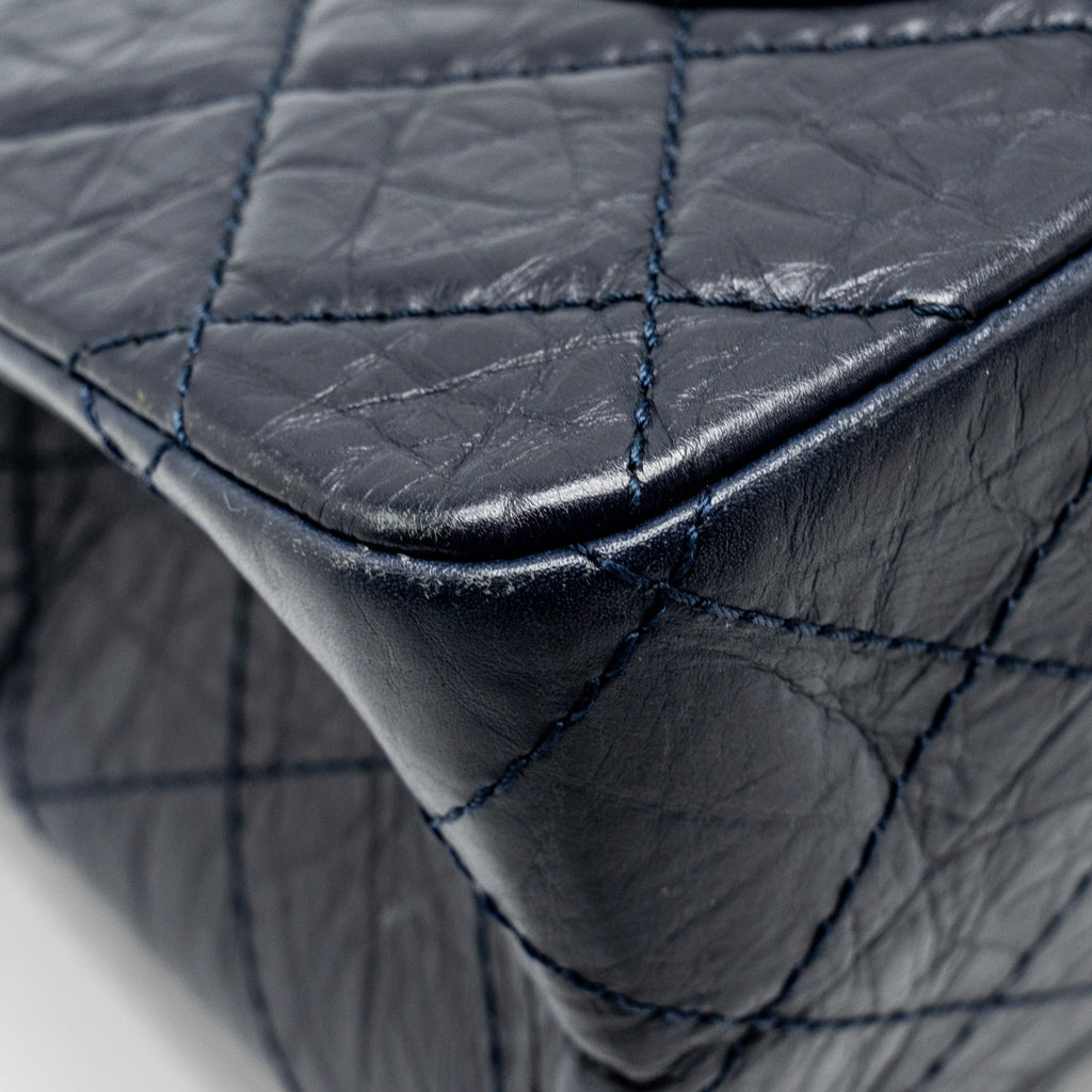 CHANEL MAXI 2.55 REISSUE FLAP BAG AGED CALFSKIN DARK BLUE RUTHENIUM HARDWARE