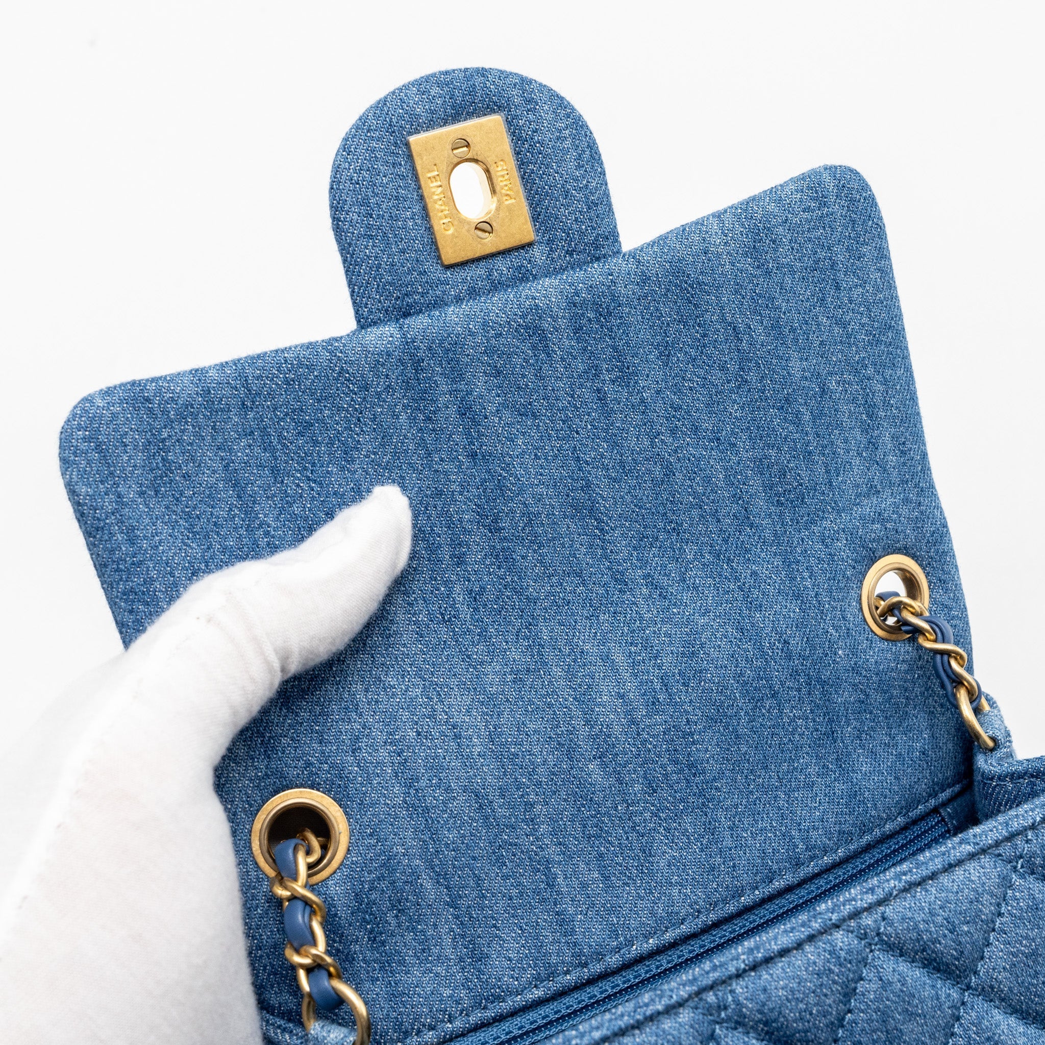 CHANEL PEARL CRUSH MINI SQUARE FLAP BAG DENIM BLUE GHW (MICROCHIP)