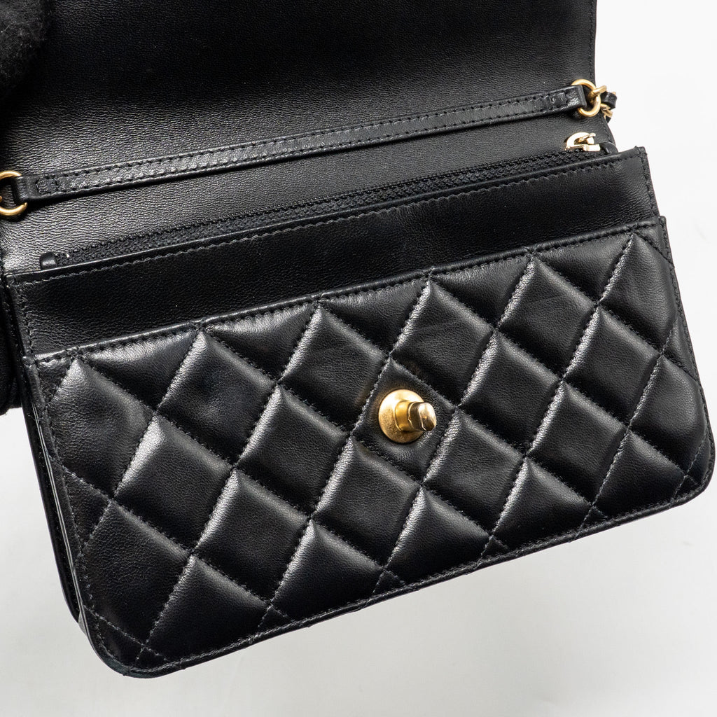 CHANEL PEARL CRUSH WALLET ON CHAIN LAMBSKIN BLACK GHW (MICROCHIP)