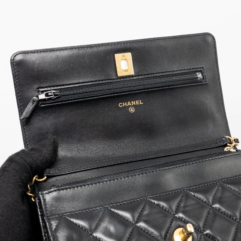 CHANEL PEARL CRUSH WALLET ON CHAIN LAMBSKIN BLACK GHW (MICROCHIP)