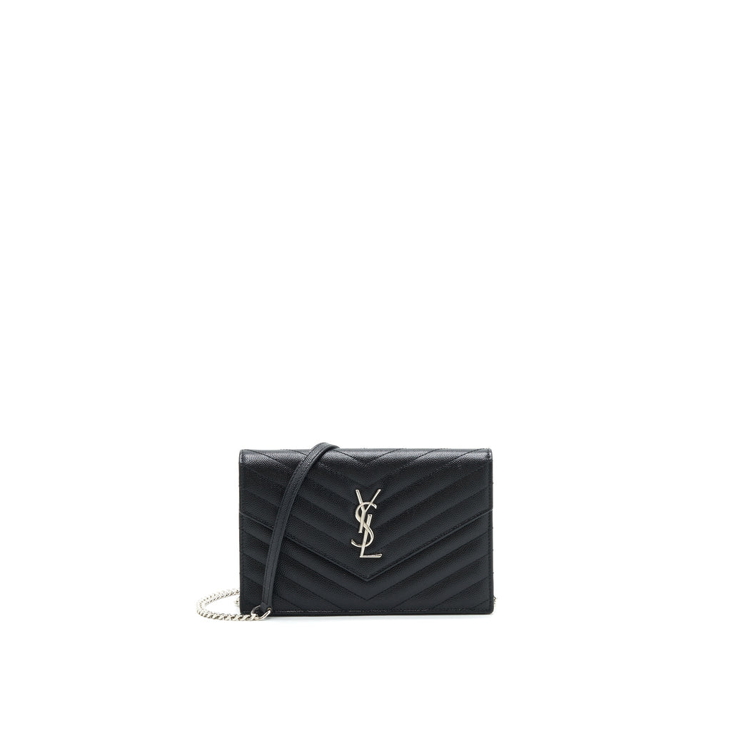 SAINT LAURENT GRAINED CALFSKIN ENVELOPE WALLET ON CHAIN BLACK SHW