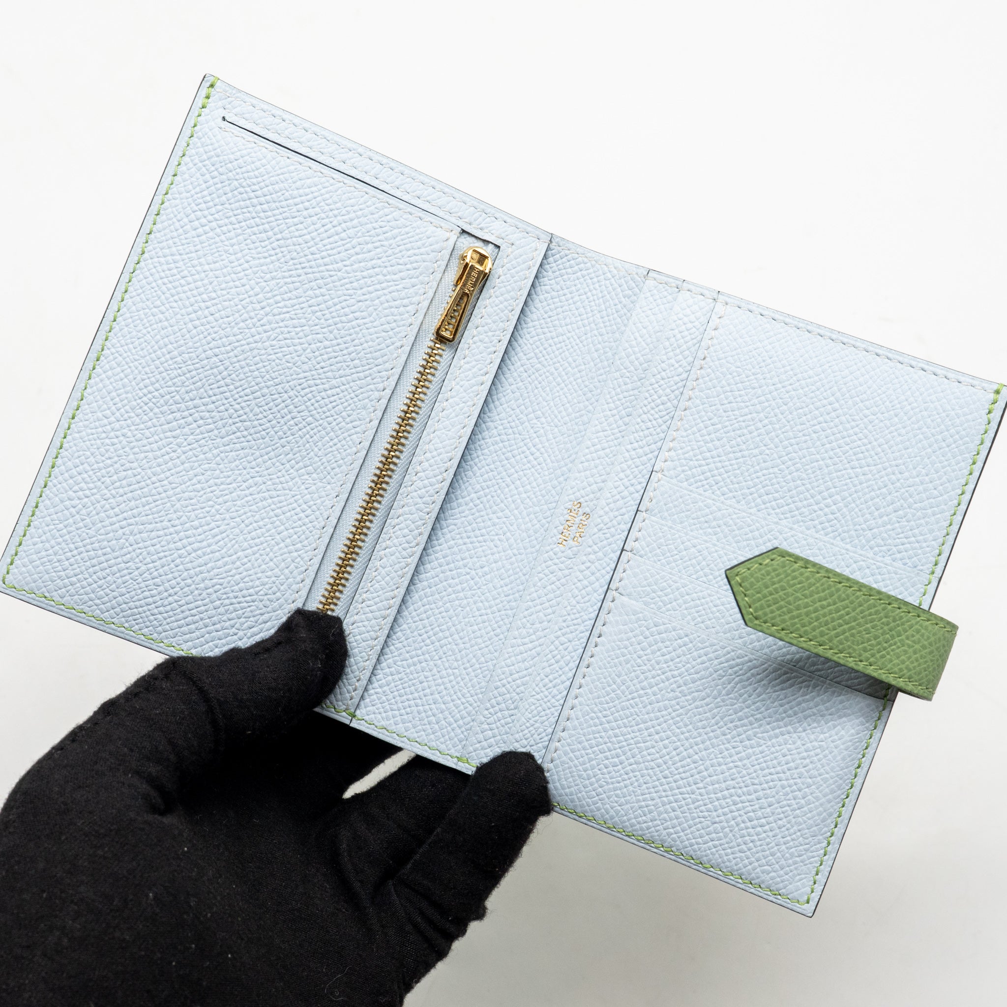 HERMES BEARN COMPACT VERSO WALLET EPSOM VERT CRIQUET/BLEU BRUME GHW