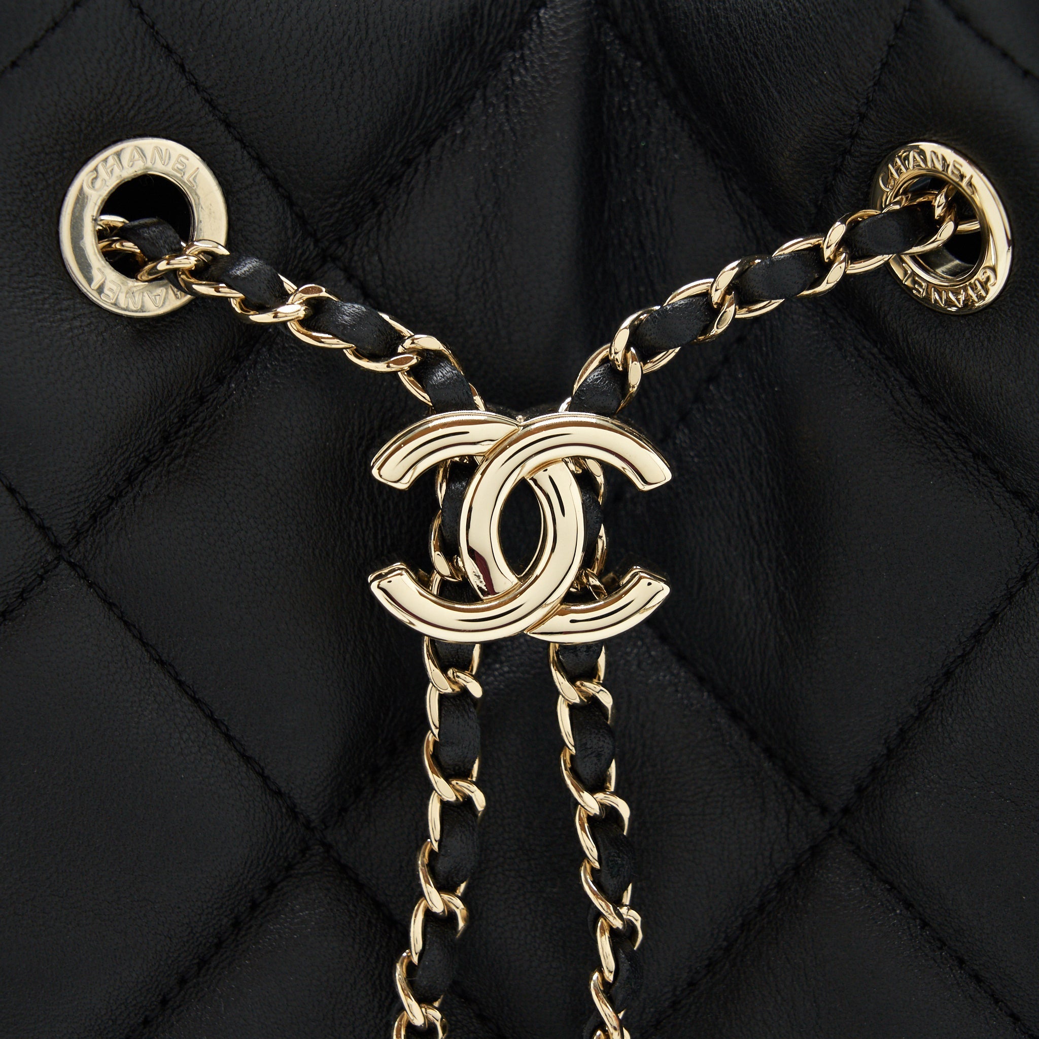 CHANEL DRAWSTRING BUCKET BAG QUILTED LAMBSKIN BLACK LGHW