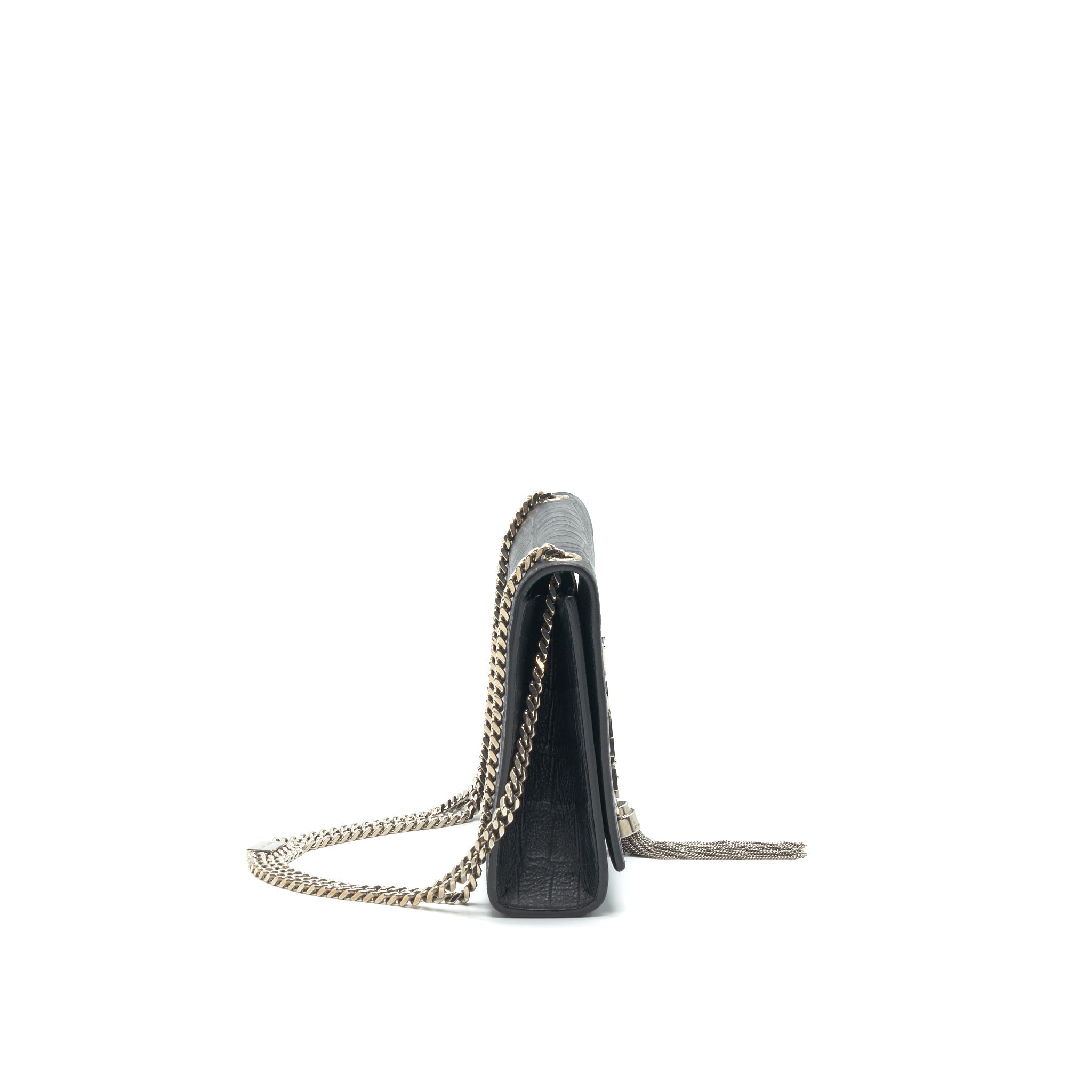 SAINT LAURENT MEDIUM KATE WITH TASSEL CROC EMBOSSED CALFSKIN BLACK SHW